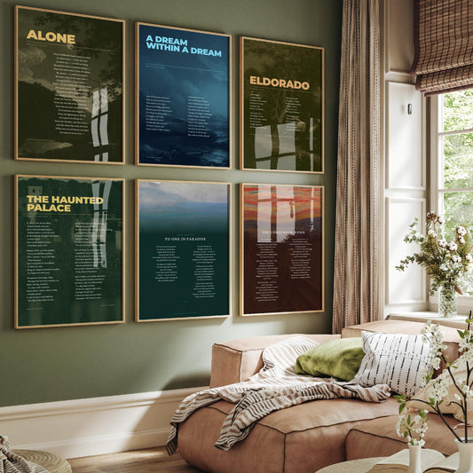 Set of Six Edgar Allan Poe Poem Art Prints - 6 Full Poems over Paintings - Gothic Poetry Posters - A Dream Within a Dream, Alone, Eldorado