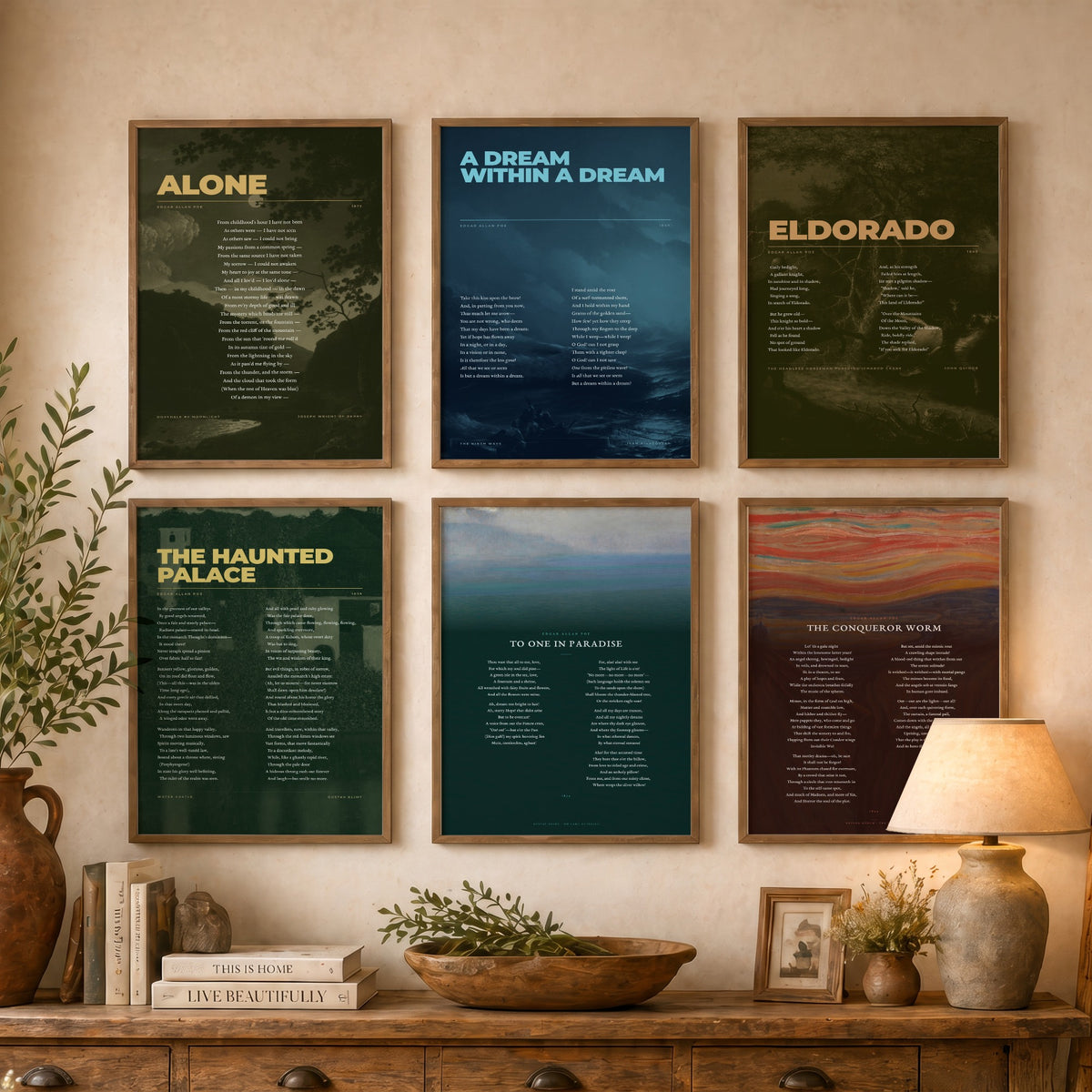 Set of Six Edgar Allan Poe Poem Art Prints - 6 Full Poems over Paintings - Gothic Poetry Posters - A Dream Within a Dream, Alone, Eldorado