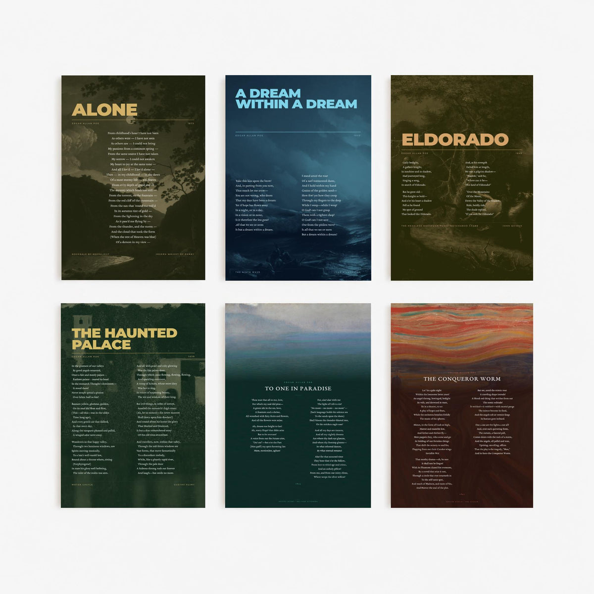 Set of Six Edgar Allan Poe Poem Art Prints - 6 Full Poems over Paintings - Gothic Poetry Posters - A Dream Within a Dream, Alone, Eldorado