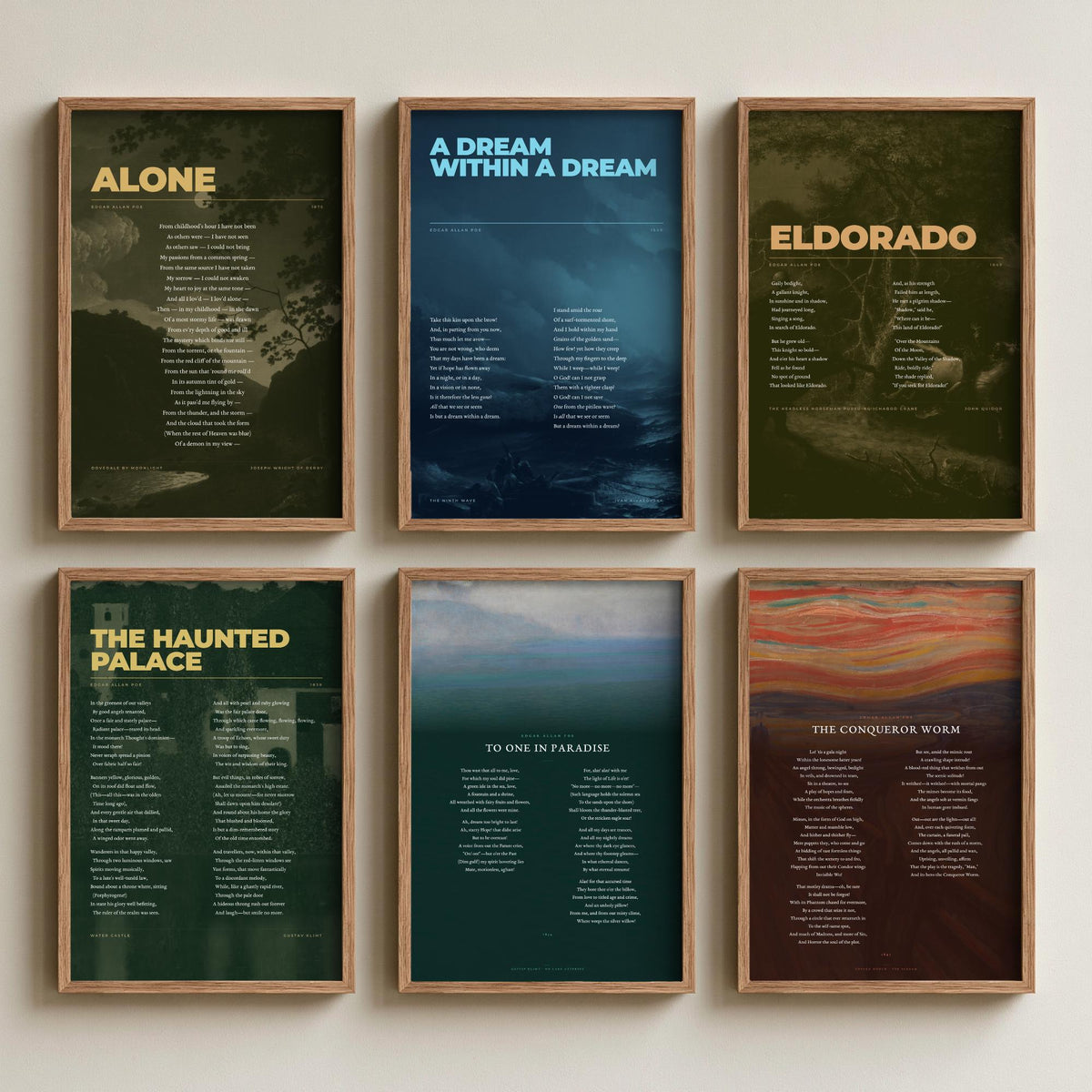Set of Six Edgar Allan Poe Poem Art Prints - 6 Full Poems over Paintings - Gothic Poetry Posters - A Dream Within a Dream, Alone, Eldorado