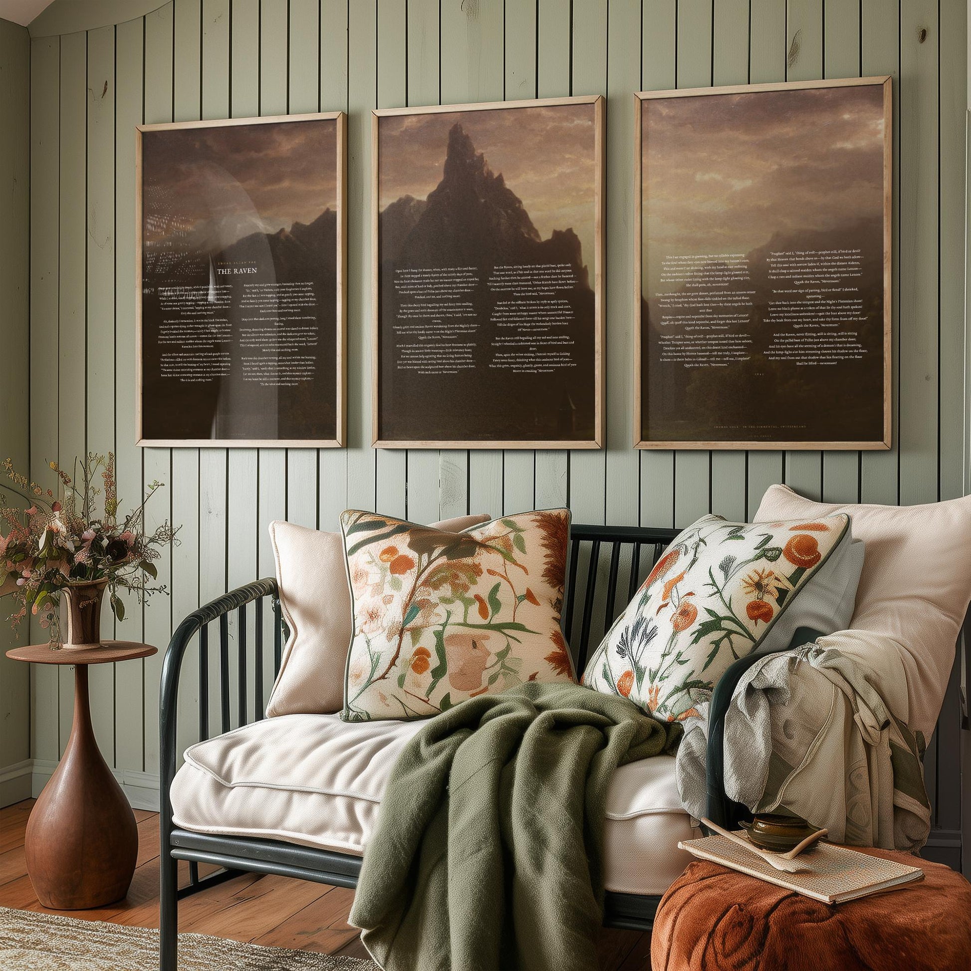 The Raven by Edgar Allan Poe Set of Three Art Prints - Full Poem over Thomas Cole Mountain Painting - Gothic Poetry Poster Triptych