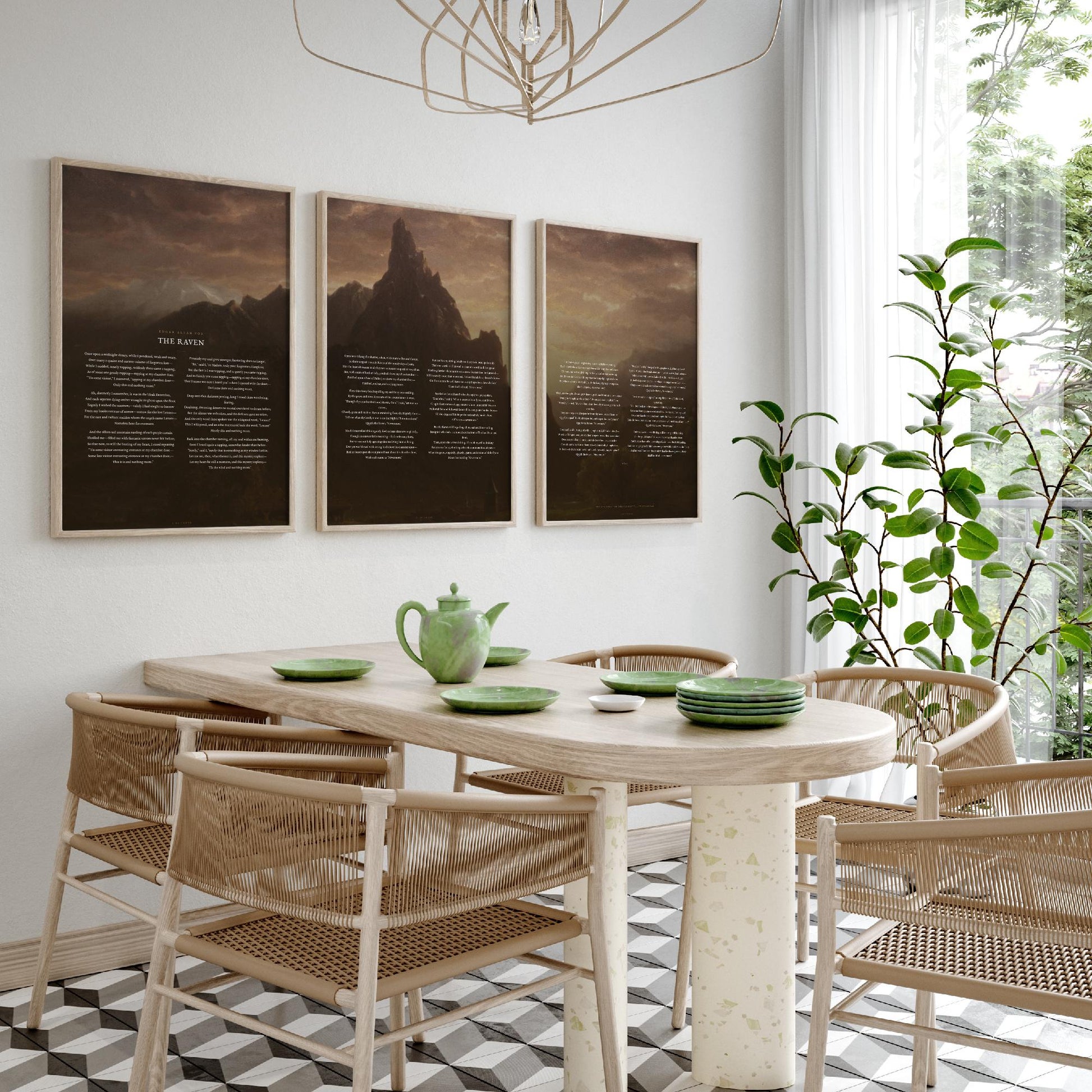 The Raven by Edgar Allan Poe Set of Three Art Prints - Full Poem over Thomas Cole Mountain Painting - Gothic Poetry Poster Triptych