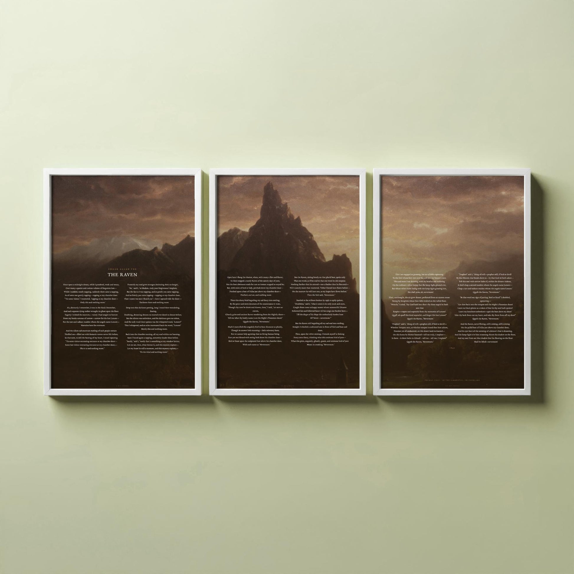 The Raven by Edgar Allan Poe Set of Three Art Prints - Full Poem over Thomas Cole Mountain Painting - Gothic Poetry Poster Triptych