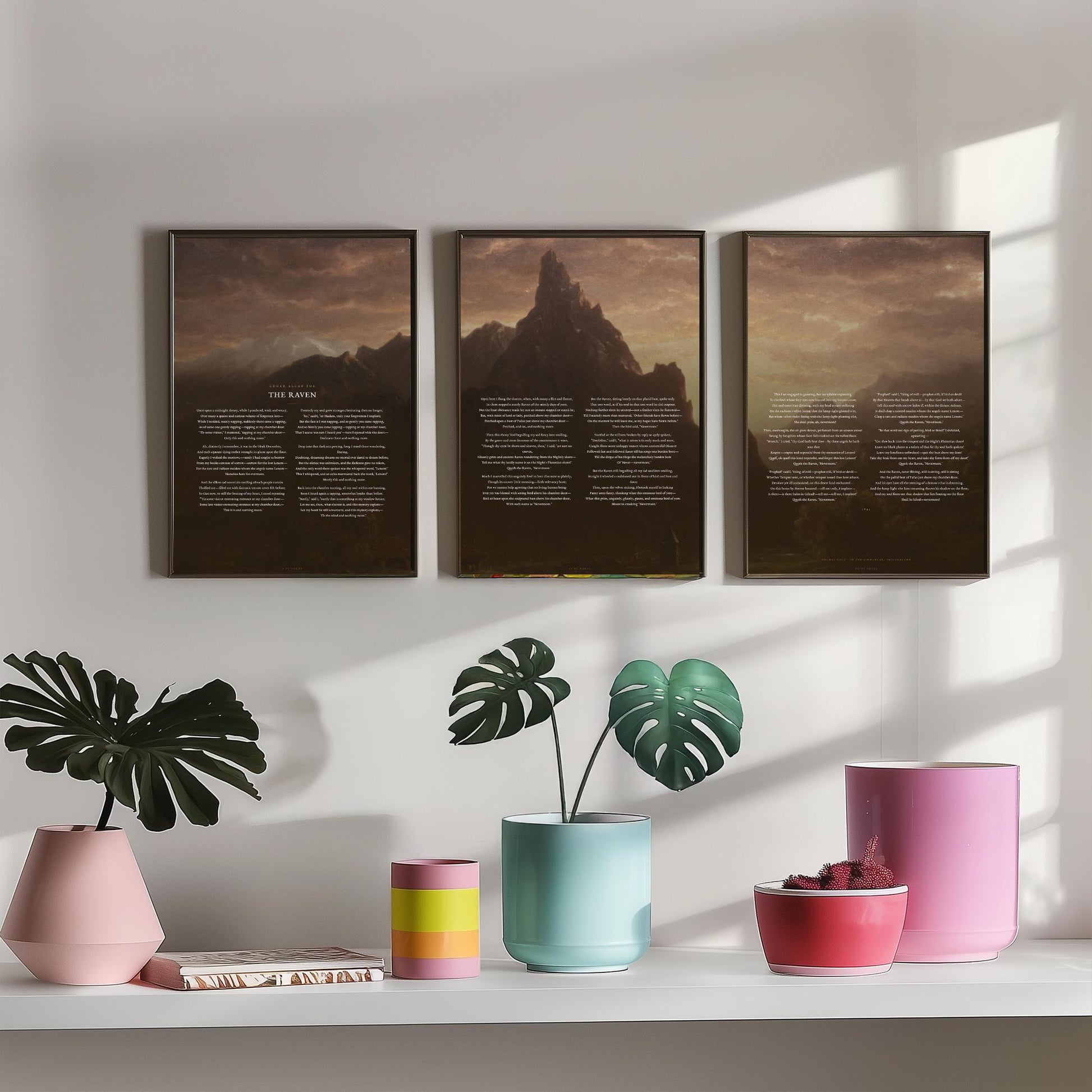 The Raven by Edgar Allan Poe Set of Three Art Prints - Full Poem over Thomas Cole Mountain Painting - Gothic Poetry Poster Triptych