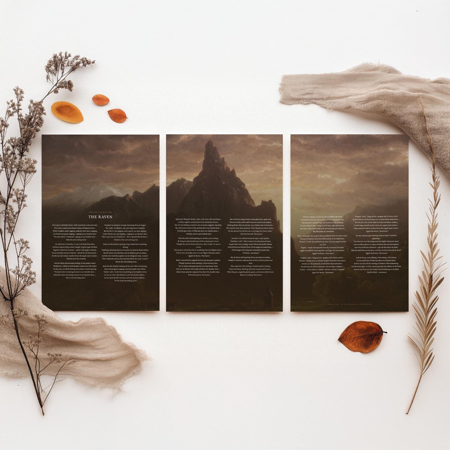The Raven by Edgar Allan Poe Set of Three Art Prints - Full Poem over Thomas Cole Mountain Painting - Gothic Poetry Poster Triptych