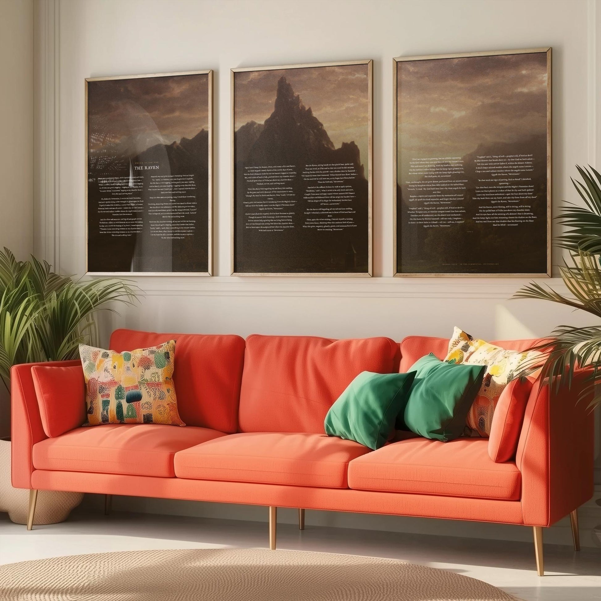 The Raven by Edgar Allan Poe Set of Three Art Prints - Full Poem over Thomas Cole Mountain Painting - Gothic Poetry Poster Triptych