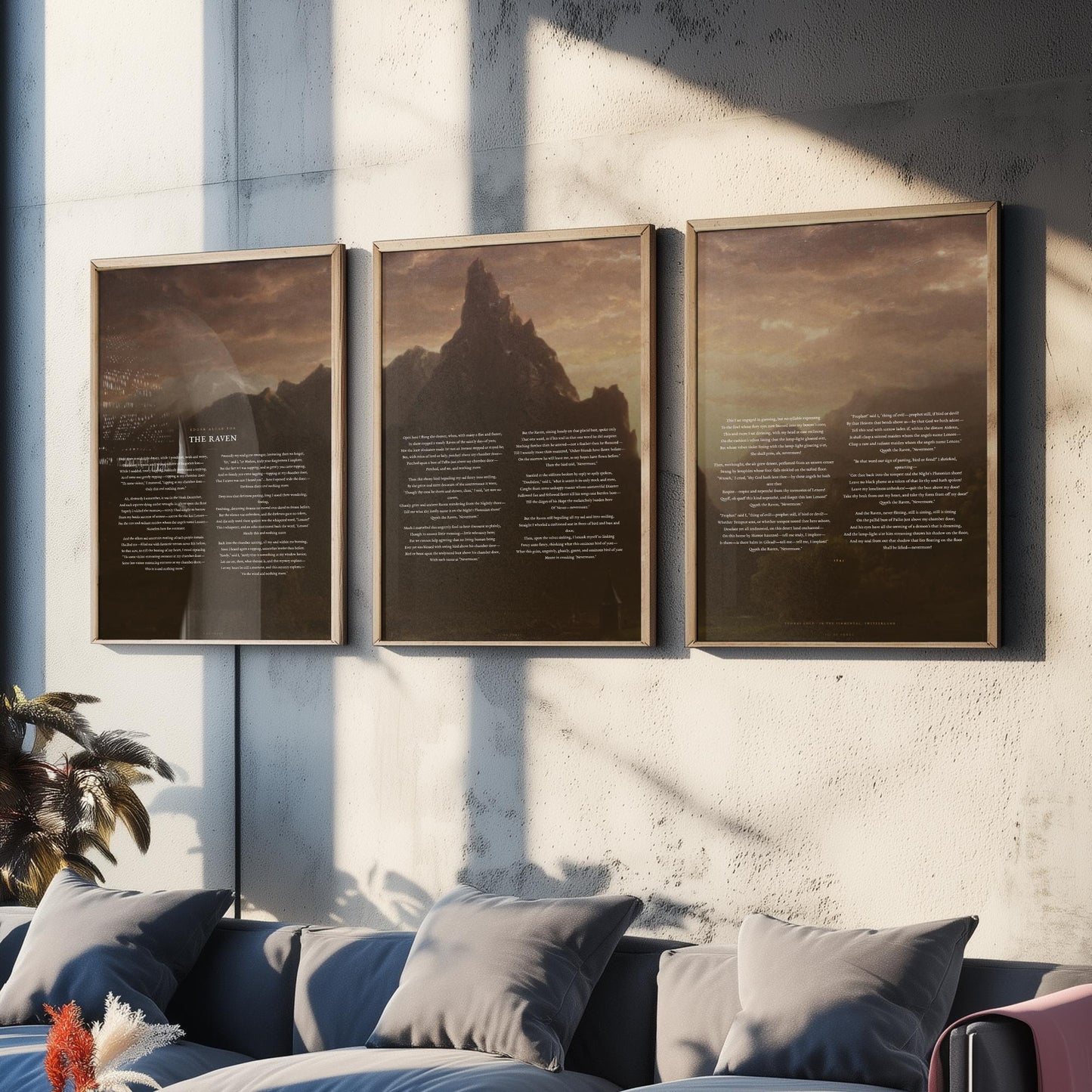 The Raven by Edgar Allan Poe Set of Three Art Prints - Full Poem over Thomas Cole Mountain Painting - Gothic Poetry Poster Triptych