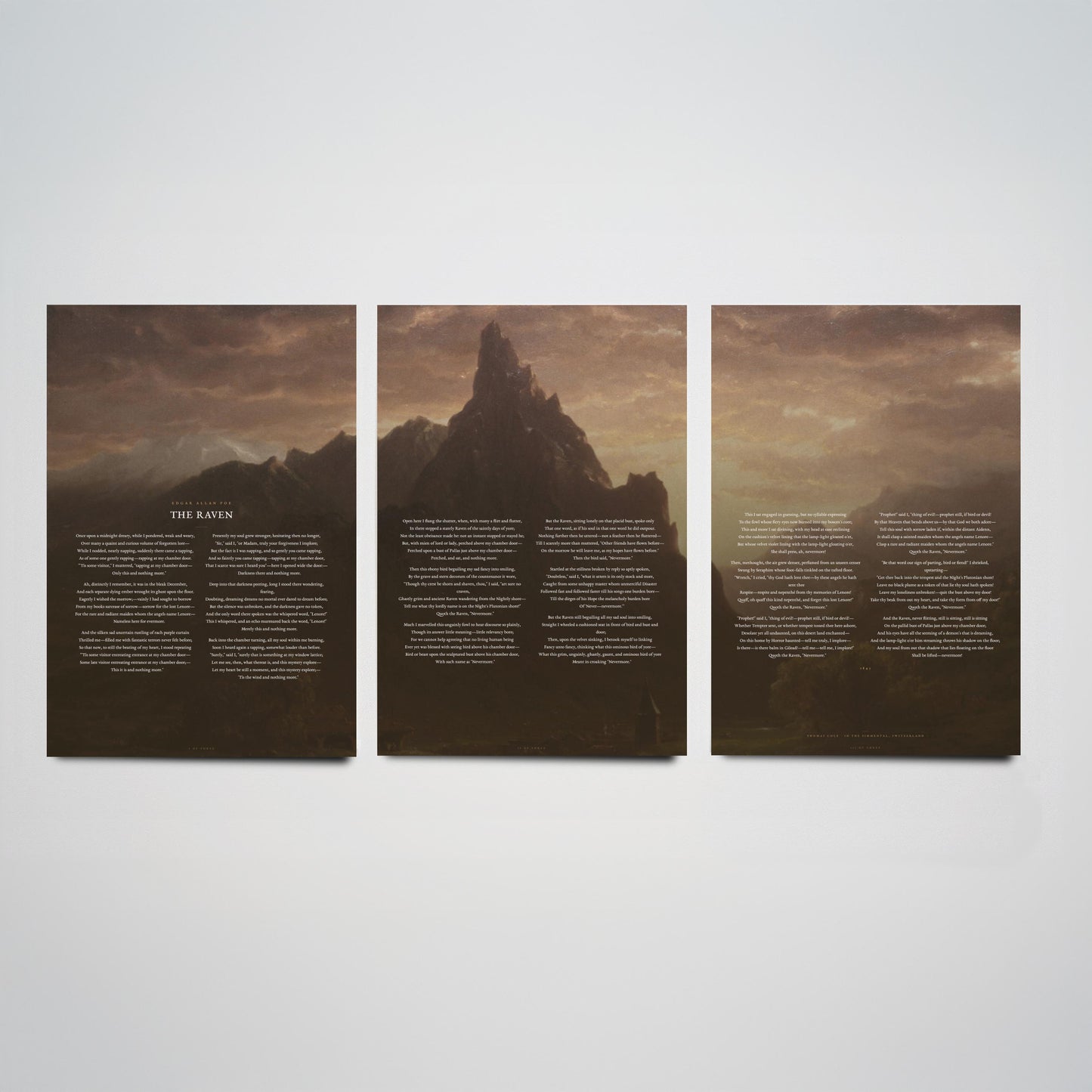 The Raven by Edgar Allan Poe Set of Three Art Prints - Full Poem over Thomas Cole Mountain Painting - Gothic Poetry Poster Triptych