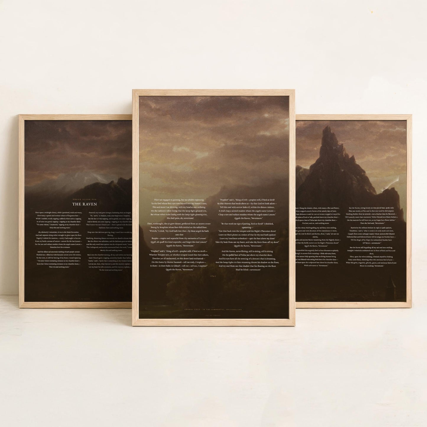 The Raven by Edgar Allan Poe Set of Three Art Prints - Full Poem over Thomas Cole Mountain Painting - Gothic Poetry Poster Triptych