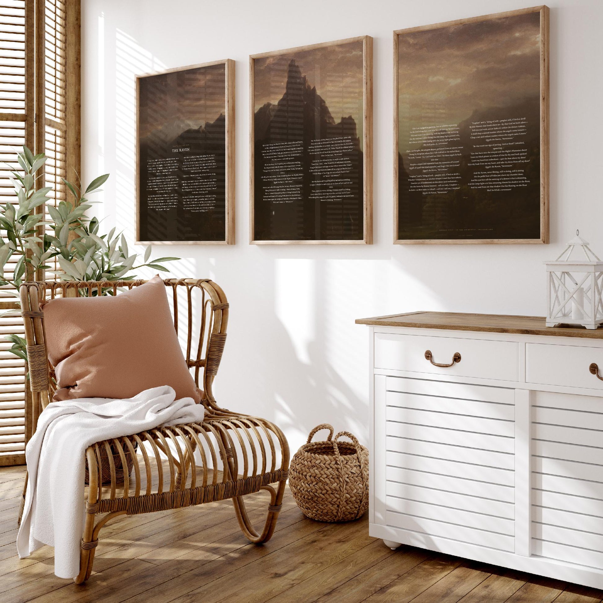 The Raven by Edgar Allan Poe Set of Three Art Prints - Full Poem over Thomas Cole Mountain Painting - Gothic Poetry Poster Triptych
