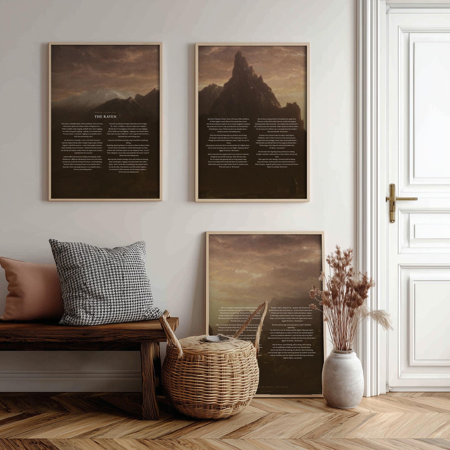The Raven by Edgar Allan Poe Set of Three Art Prints - Full Poem over Thomas Cole Mountain Painting - Gothic Poetry Poster Triptych