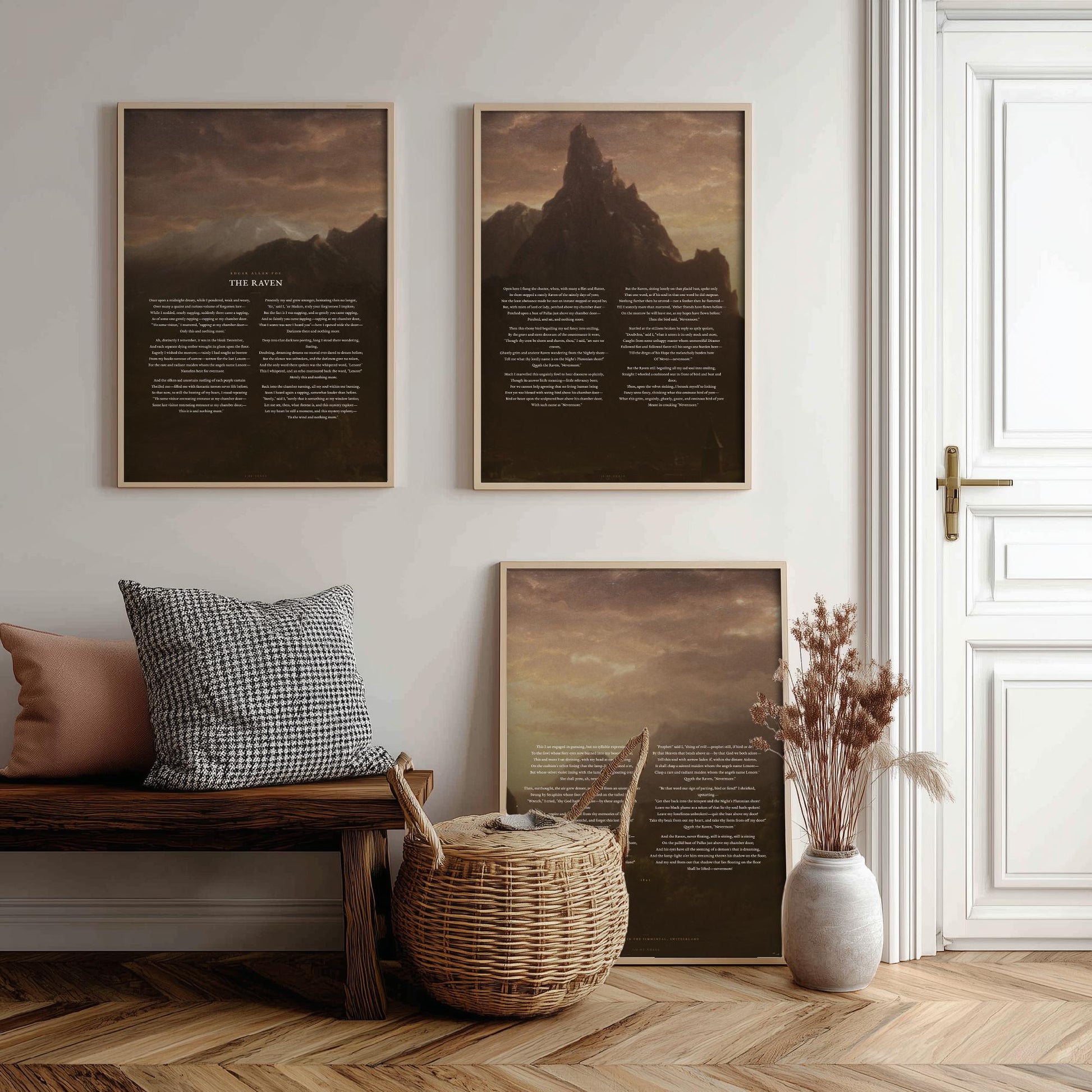 The Raven by Edgar Allan Poe Set of Three Art Prints - Full Poem over Thomas Cole Mountain Painting - Gothic Poetry Poster Triptych