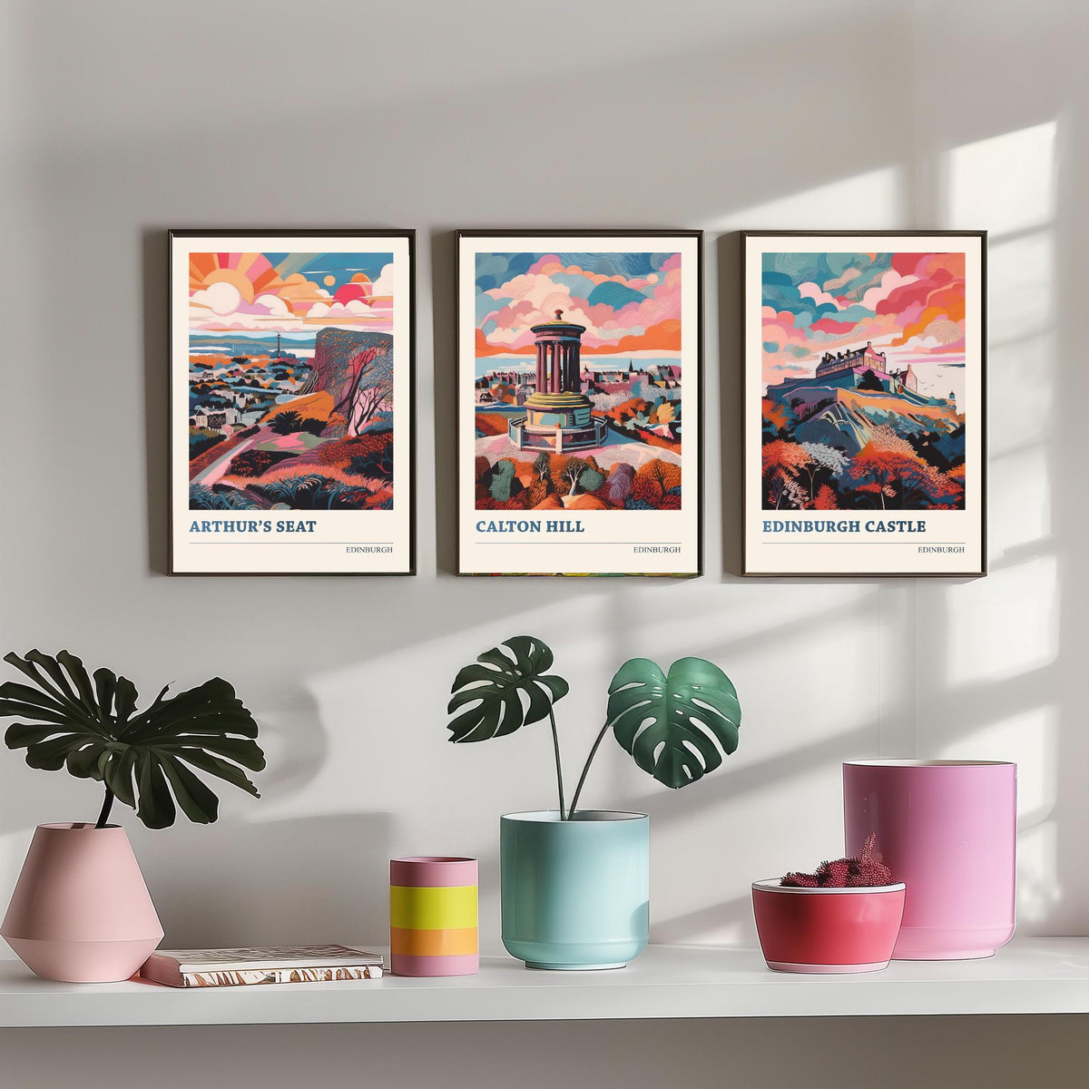 Edinburgh Scotland Set of Three Prints | Arthurs Seat Calton Hill Edinburgh Castle | Vibrant Travel Wall Art Poster Painting