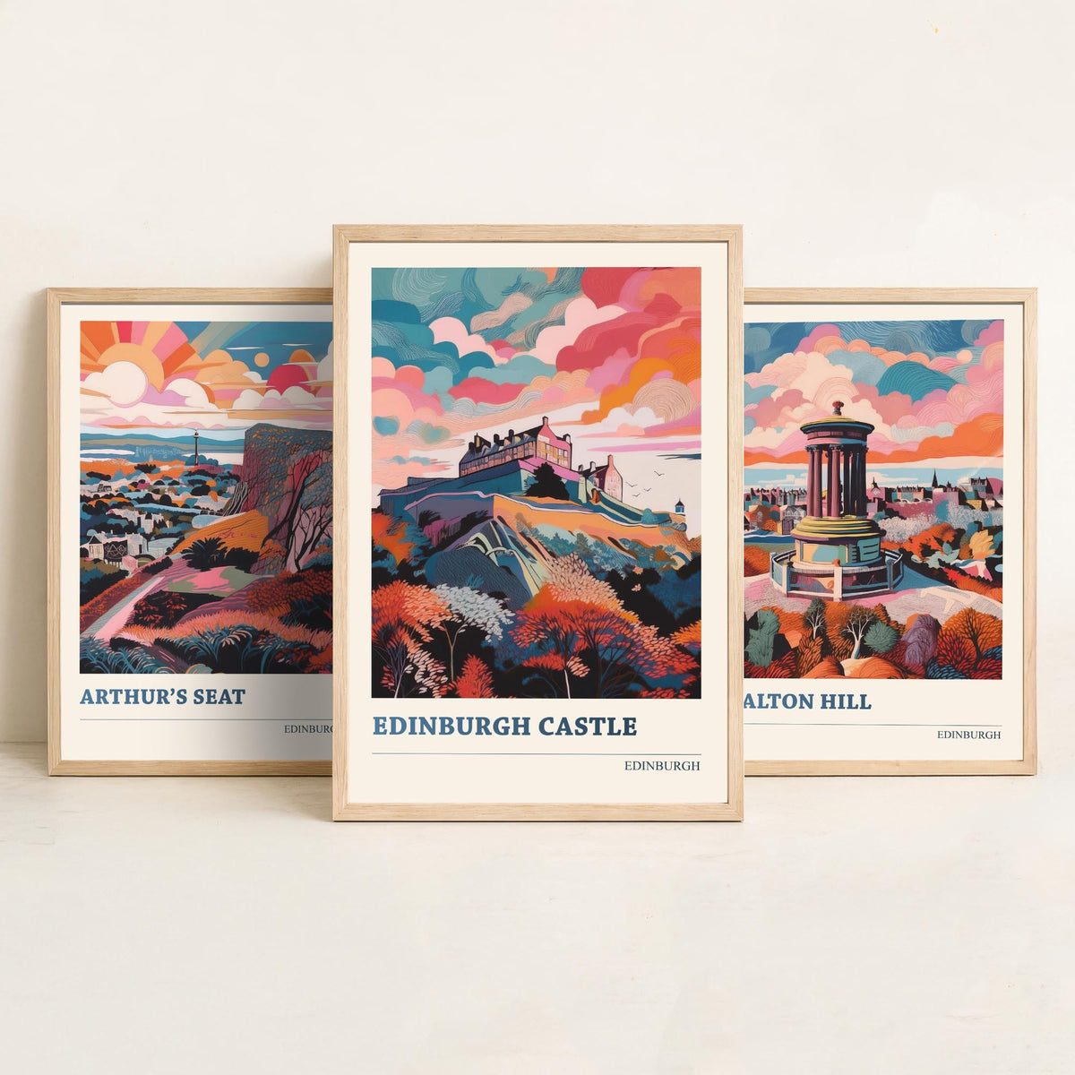 Edinburgh Scotland Set of Three Prints | Arthurs Seat Calton Hill Edinburgh Castle | Vibrant Travel Wall Art Poster Painting