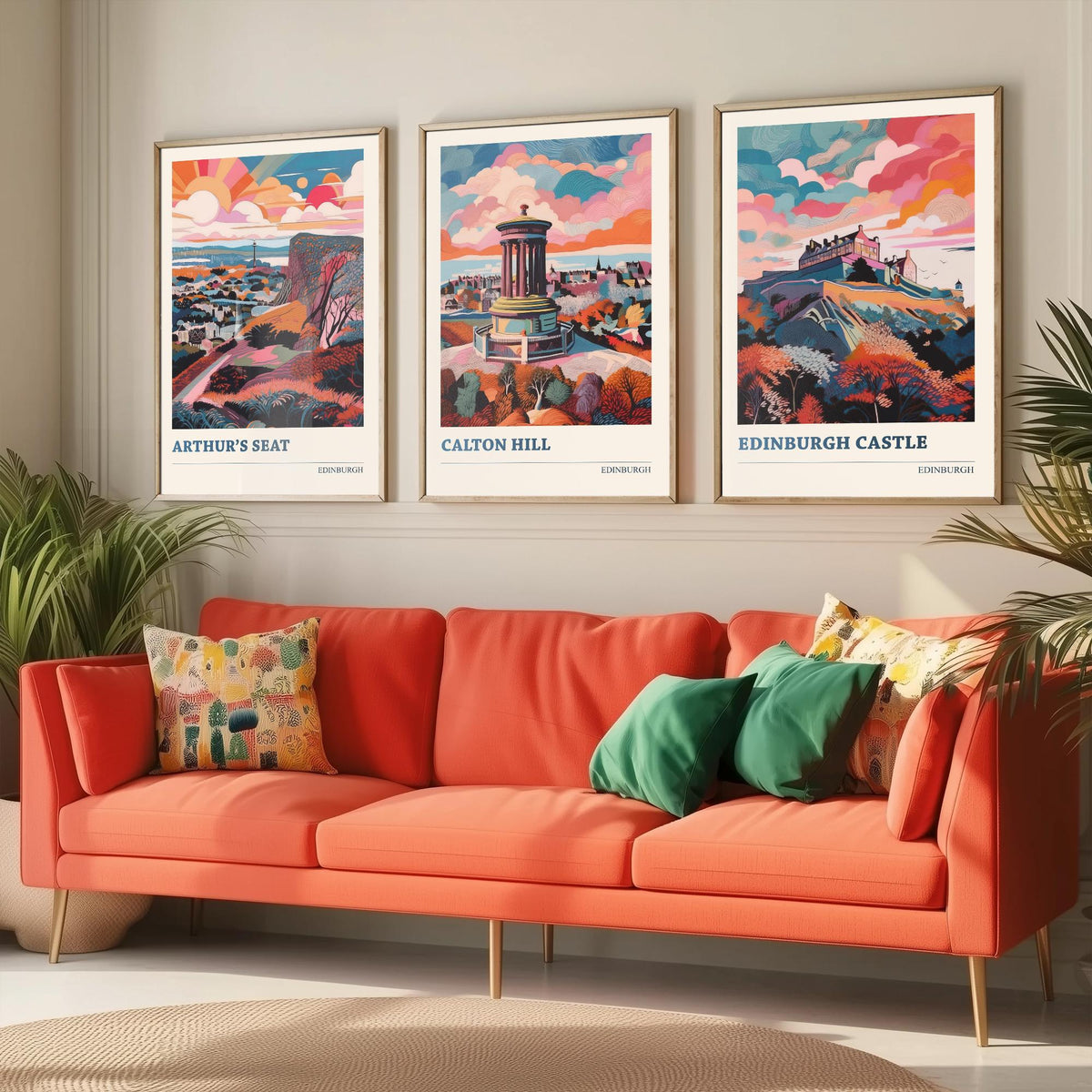 Edinburgh Scotland Set of Three Prints | Arthurs Seat Calton Hill Edinburgh Castle | Vibrant Travel Wall Art Poster Painting