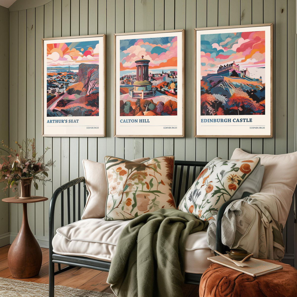 Edinburgh Scotland Set of Three Prints | Arthurs Seat Calton Hill Edinburgh Castle | Vibrant Travel Wall Art Poster Painting