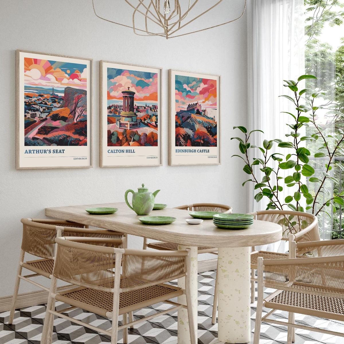Edinburgh Scotland Set of Three Prints | Arthurs Seat Calton Hill Edinburgh Castle | Vibrant Travel Wall Art Poster Painting