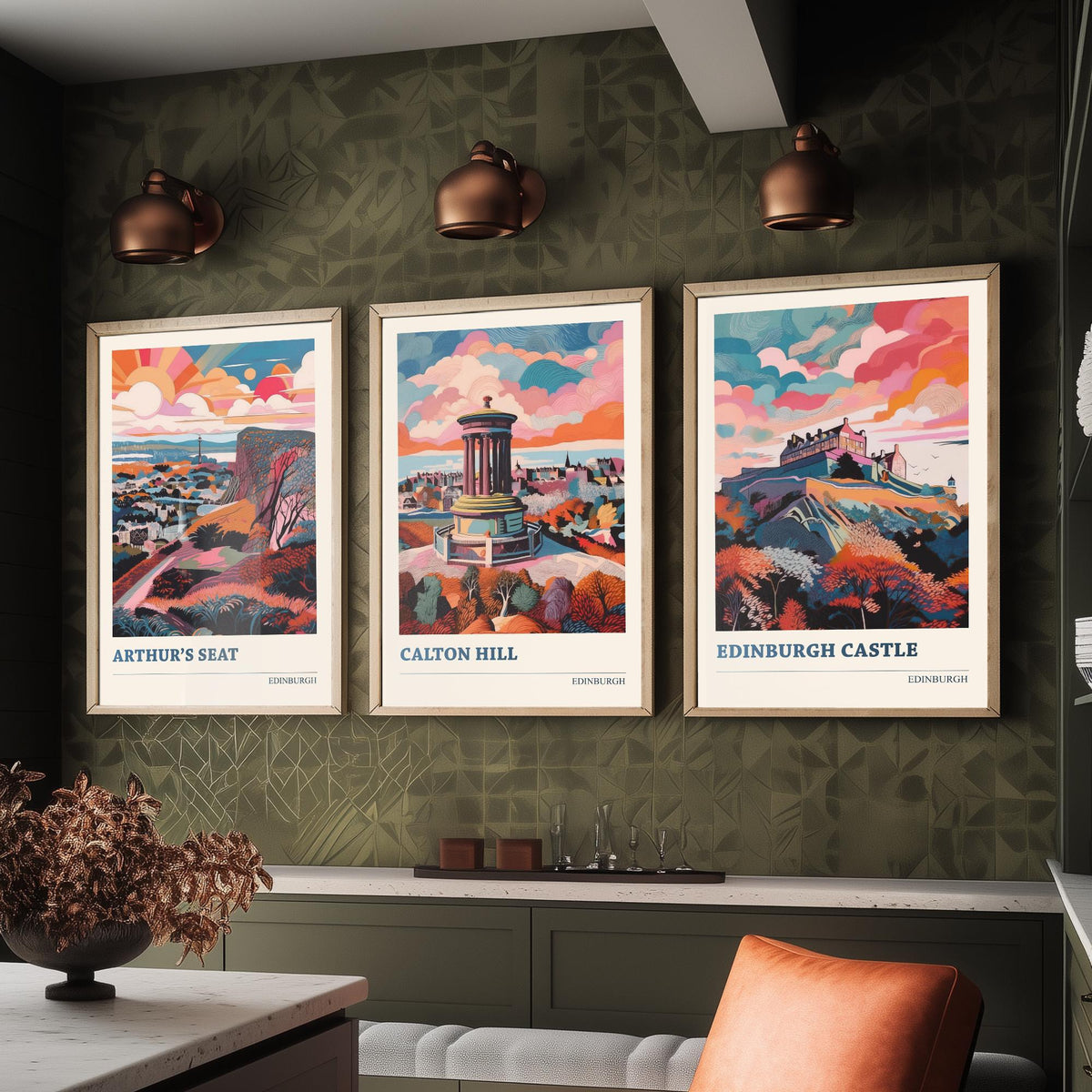 Edinburgh Scotland Set of Three Prints | Arthurs Seat Calton Hill Edinburgh Castle | Vibrant Travel Wall Art Poster Painting