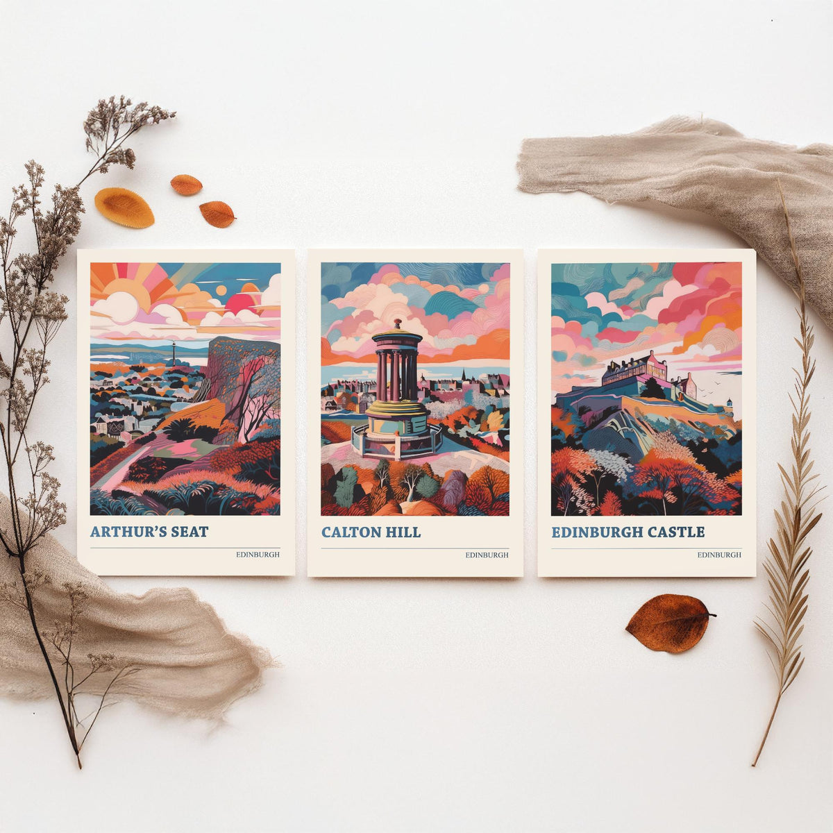 Edinburgh Scotland Set of Three Prints | Arthurs Seat Calton Hill Edinburgh Castle | Vibrant Travel Wall Art Poster Painting