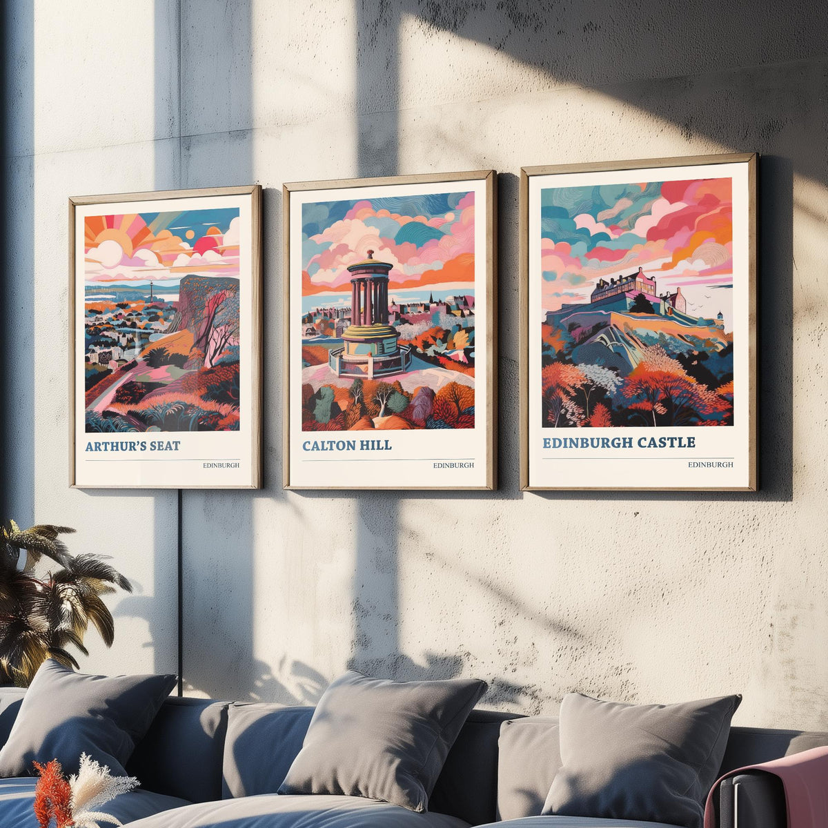 Edinburgh Scotland Set of Three Prints | Arthurs Seat Calton Hill Edinburgh Castle | Vibrant Travel Wall Art Poster Painting