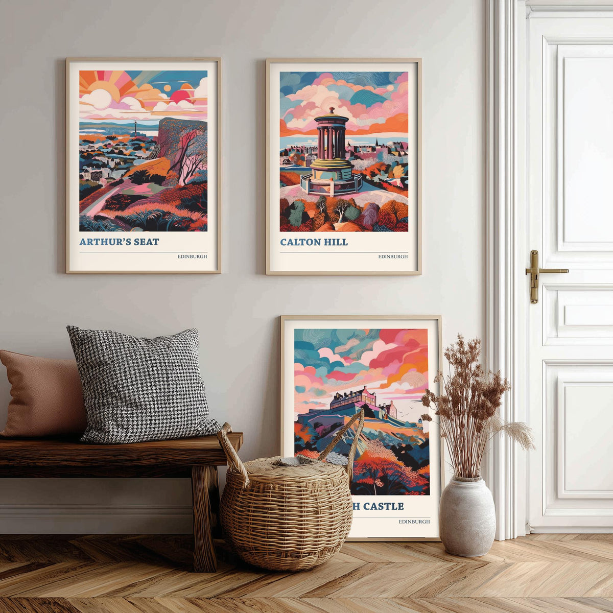 Edinburgh Scotland Set of Three Prints | Arthurs Seat Calton Hill Edinburgh Castle | Vibrant Travel Wall Art Poster Painting