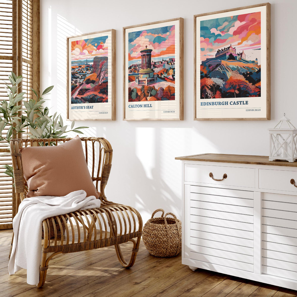 Edinburgh Scotland Set of Three Prints | Arthurs Seat Calton Hill Edinburgh Castle | Vibrant Travel Wall Art Poster Painting