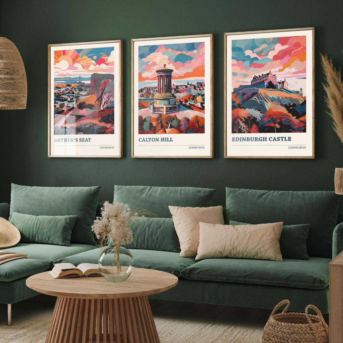 Edinburgh Scotland Set of Three Prints | Arthurs Seat Calton Hill Edinburgh Castle | Vibrant Travel Wall Art Poster Painting