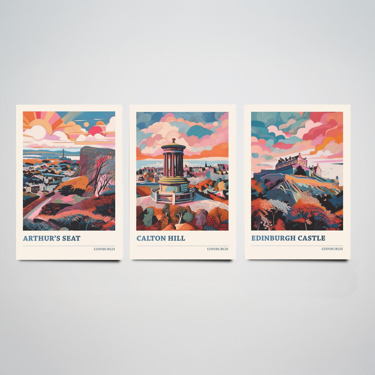 Edinburgh Scotland Set of Three Prints | Arthurs Seat Calton Hill Edinburgh Castle | Vibrant Travel Wall Art Poster Painting