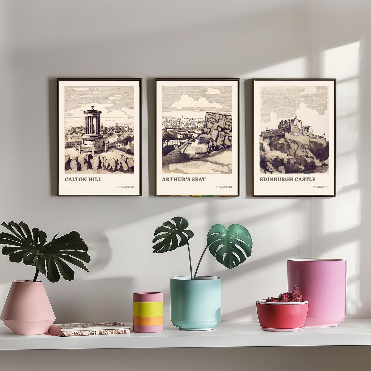 Edinburgh Scotland Set of Three Prints | Calton Hill Arthurs Seat Edinburgh Castle | Vintage Sepia Ink Wall Art Poster Drawing