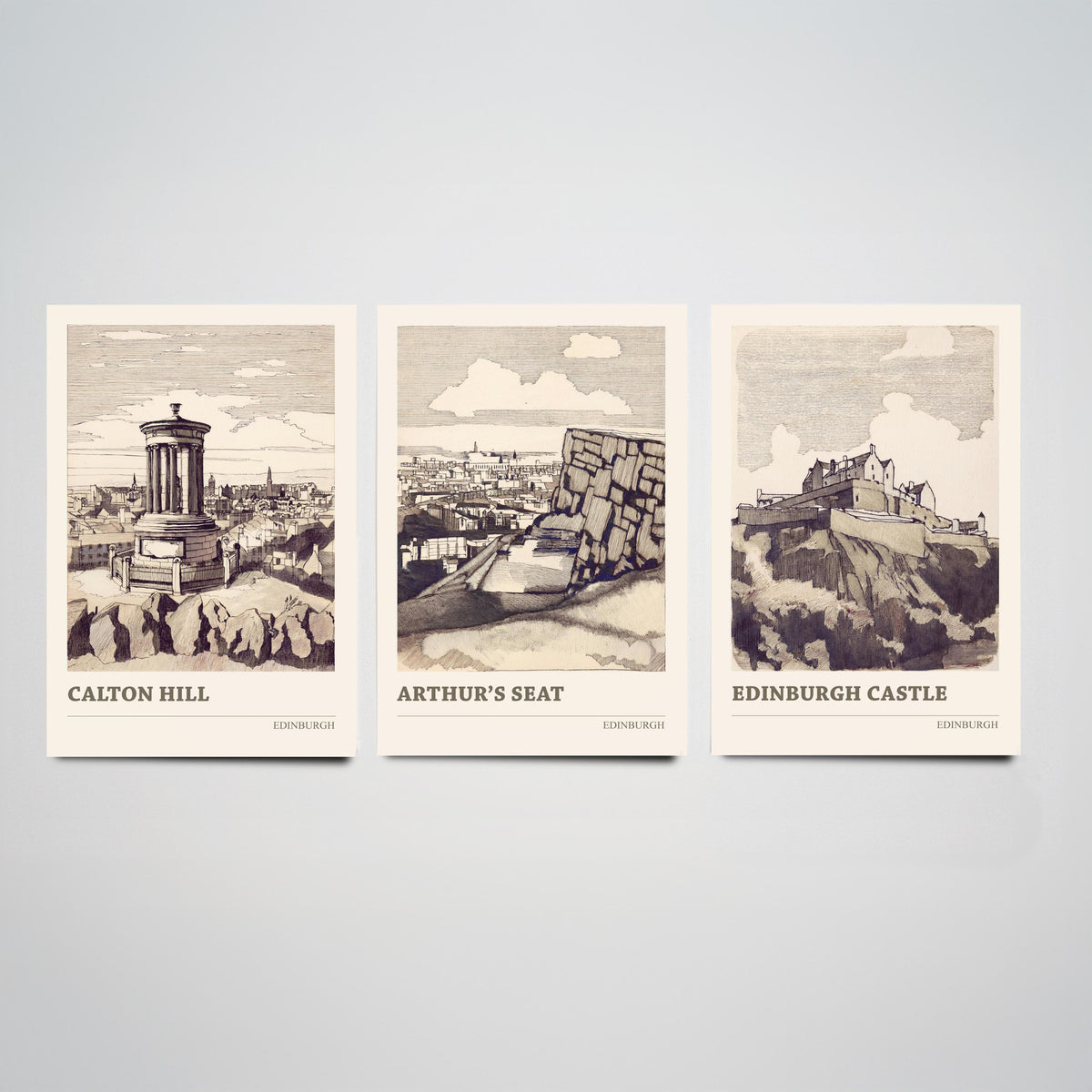 Edinburgh Scotland Set of Three Prints | Calton Hill Arthurs Seat Edinburgh Castle | Vintage Sepia Ink Wall Art Poster Drawing