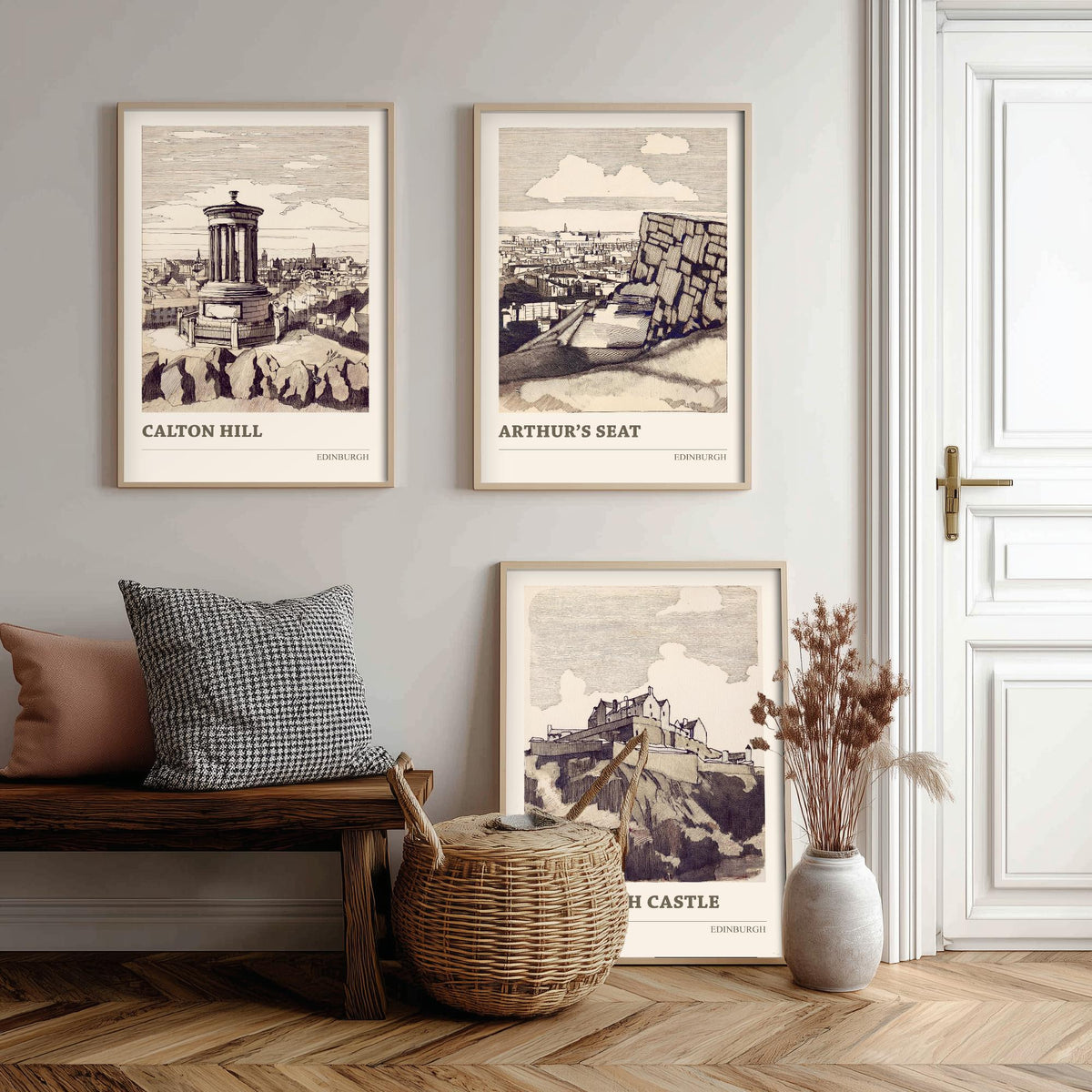 Edinburgh Scotland Set of Three Prints | Calton Hill Arthurs Seat Edinburgh Castle | Vintage Sepia Ink Wall Art Poster Drawing