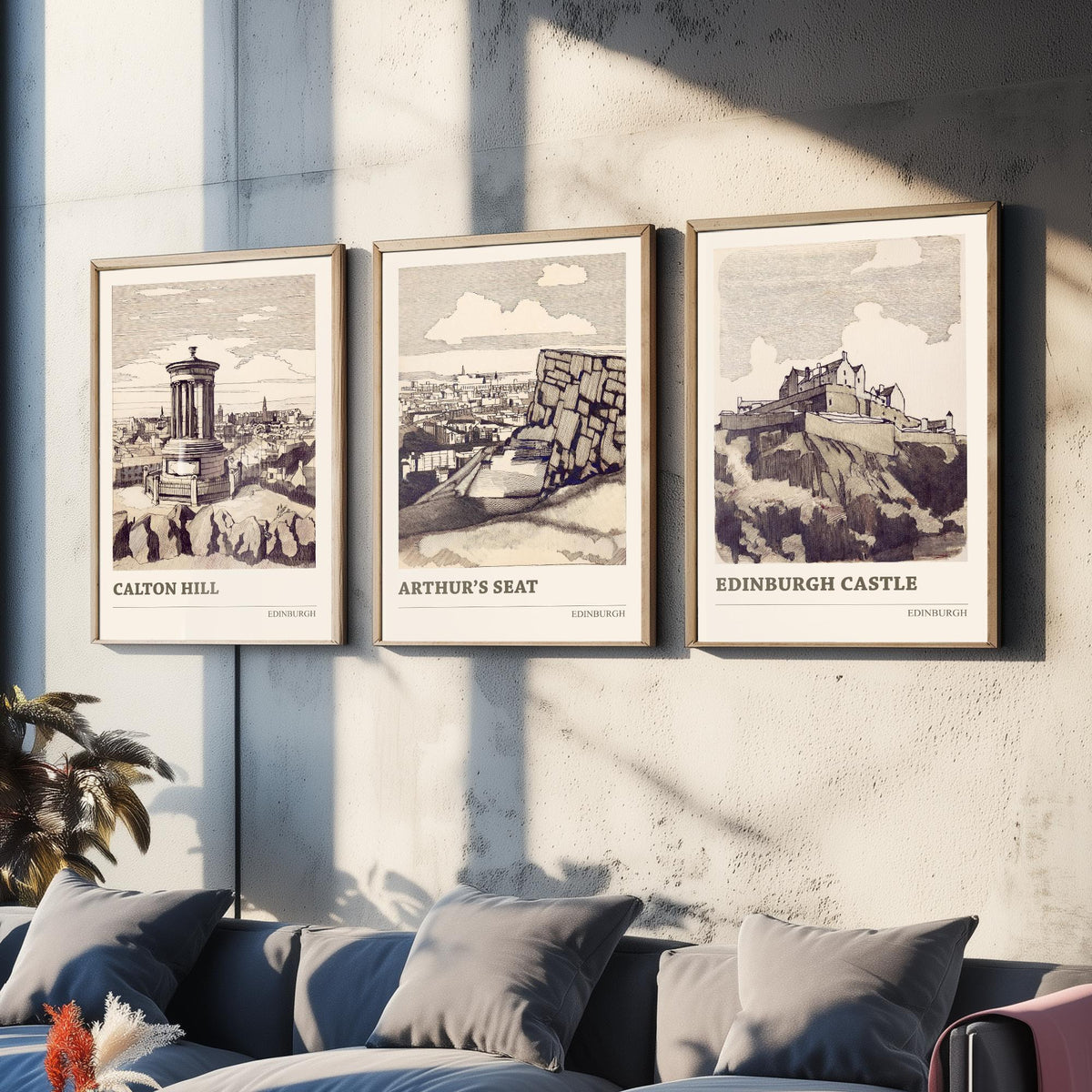 Edinburgh Scotland Set of Three Prints | Calton Hill Arthurs Seat Edinburgh Castle | Vintage Sepia Ink Wall Art Poster Drawing