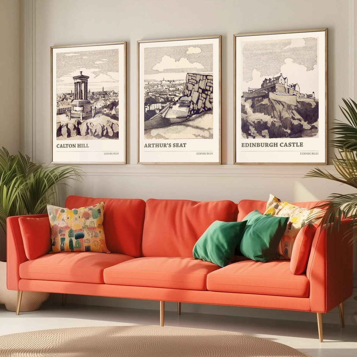 Edinburgh Scotland Set of Three Prints | Calton Hill Arthurs Seat Edinburgh Castle | Vintage Sepia Ink Wall Art Poster Drawing