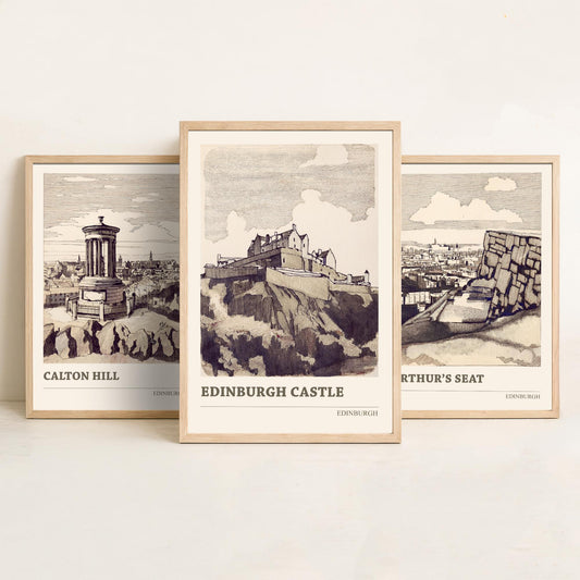 Edinburgh Scotland Set of Three Prints | Calton Hill Arthurs Seat Edinburgh Castle | Vintage Sepia Ink Wall Art Poster Drawing