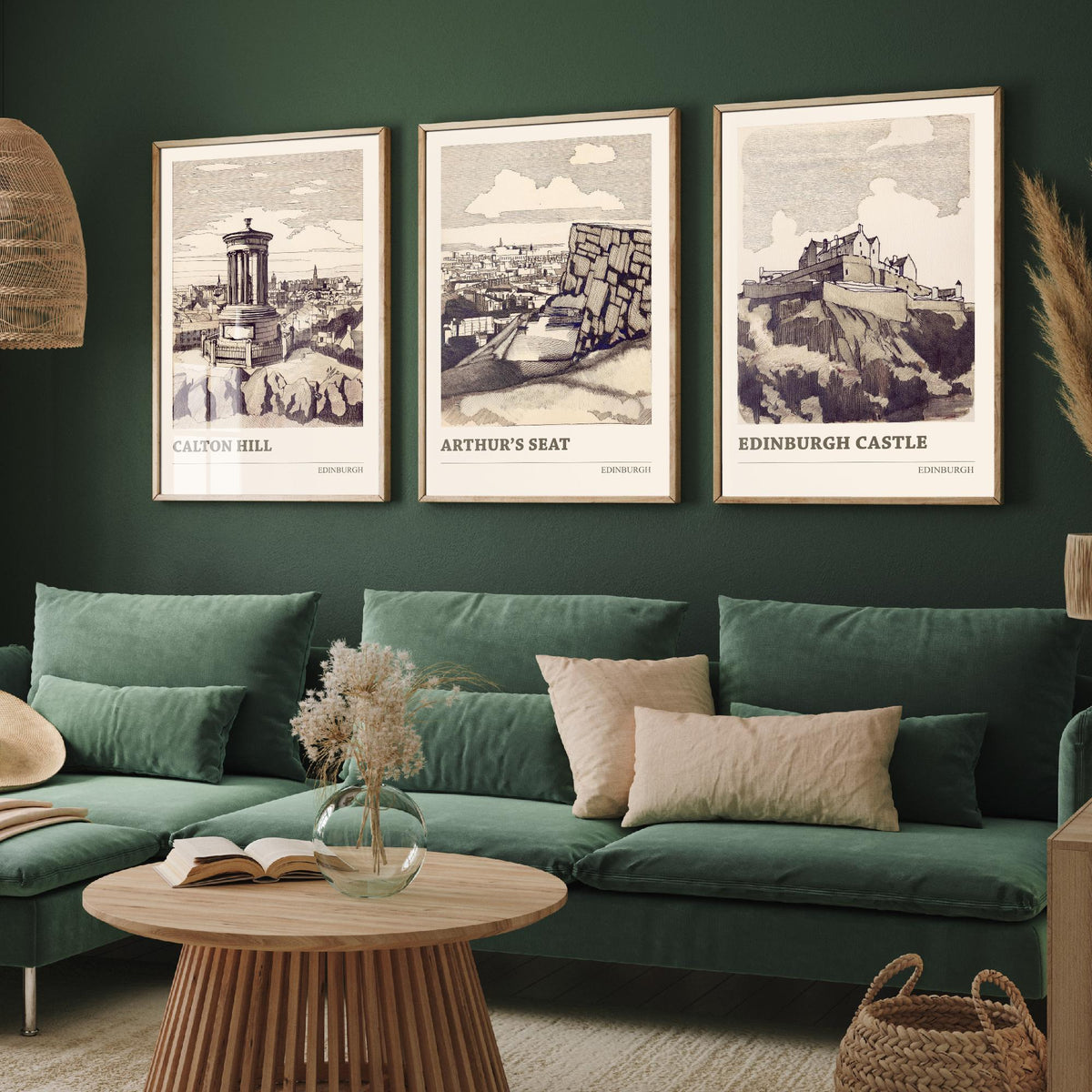 Edinburgh Scotland Set of Three Prints | Calton Hill Arthurs Seat Edinburgh Castle | Vintage Sepia Ink Wall Art Poster Drawing