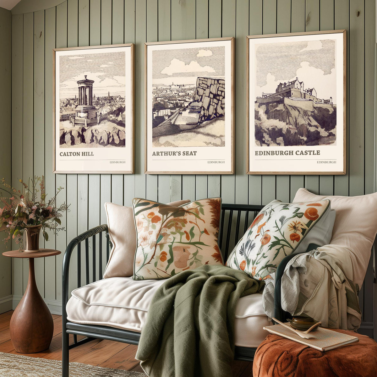 Edinburgh Scotland Set of Three Prints | Calton Hill Arthurs Seat Edinburgh Castle | Vintage Sepia Ink Wall Art Poster Drawing