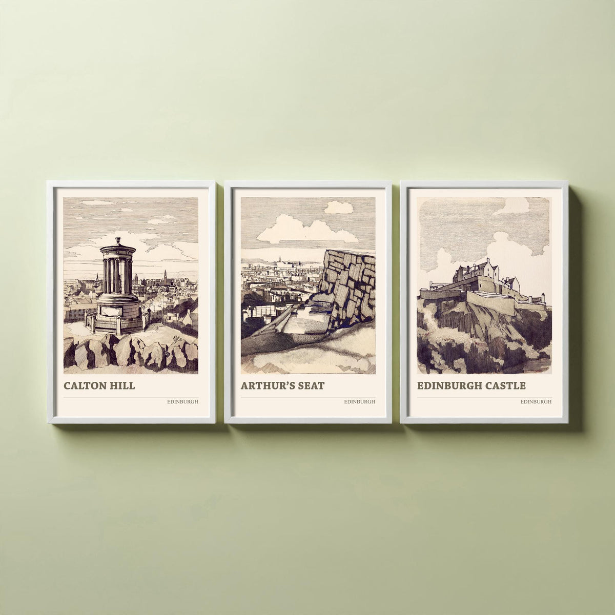 Edinburgh Scotland Set of Three Prints | Calton Hill Arthurs Seat Edinburgh Castle | Vintage Sepia Ink Wall Art Poster Drawing