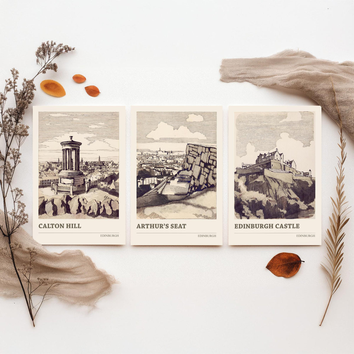 Edinburgh Scotland Set of Three Prints | Calton Hill Arthurs Seat Edinburgh Castle | Vintage Sepia Ink Wall Art Poster Drawing