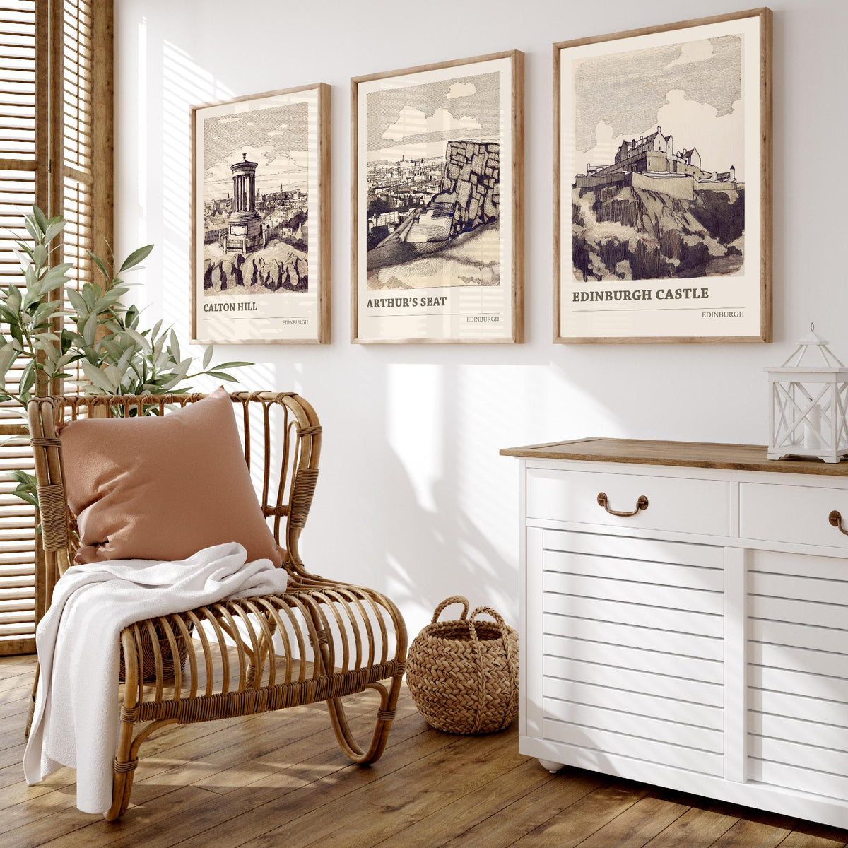 Edinburgh Scotland Set of Three Prints | Calton Hill Arthurs Seat Edinburgh Castle | Vintage Sepia Ink Wall Art Poster Drawing