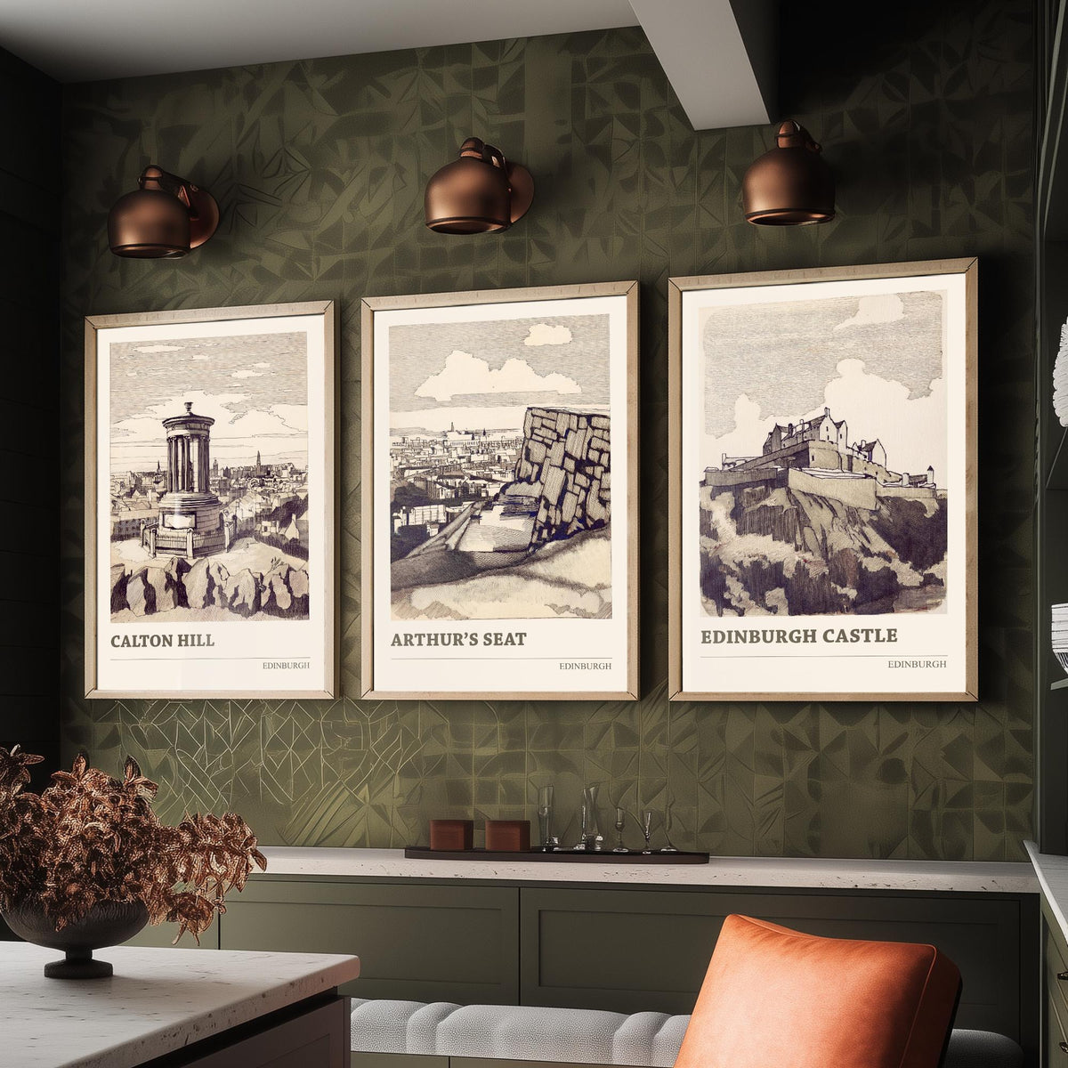 Edinburgh Scotland Set of Three Prints | Calton Hill Arthurs Seat Edinburgh Castle | Vintage Sepia Ink Wall Art Poster Drawing