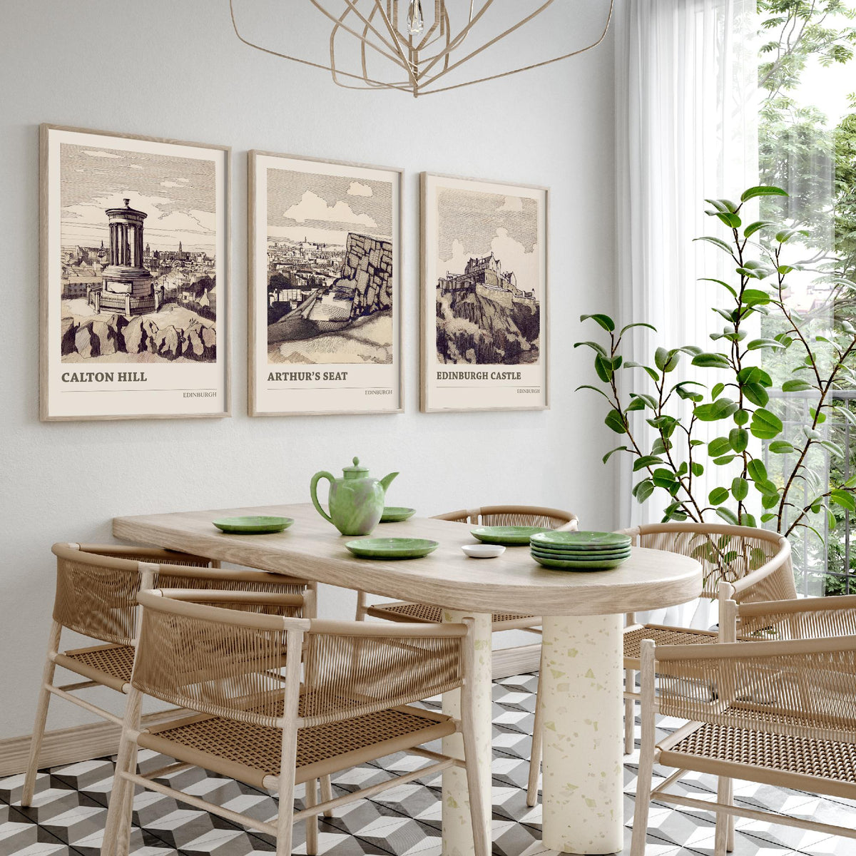 Edinburgh Scotland Set of Three Prints | Calton Hill Arthurs Seat Edinburgh Castle | Vintage Sepia Ink Wall Art Poster Drawing