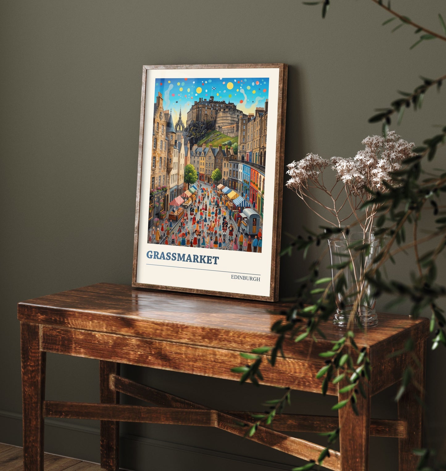 Grassmarket Edinburgh Art Print - Folk Art Illustration - Edinburgh Castle Market Scene - Scotland Travel Poster 1/3