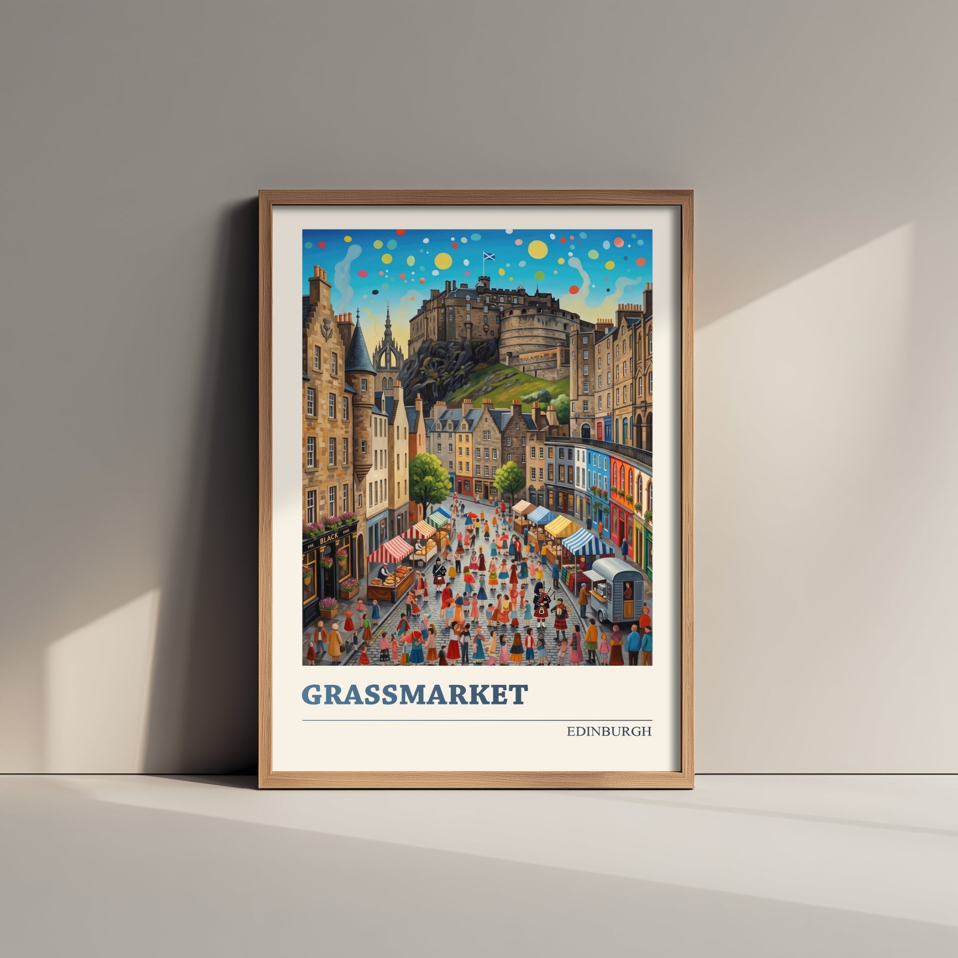 Grassmarket Edinburgh Art Print - Folk Art Illustration - Edinburgh Castle Market Scene - Scotland Travel Poster 1/3