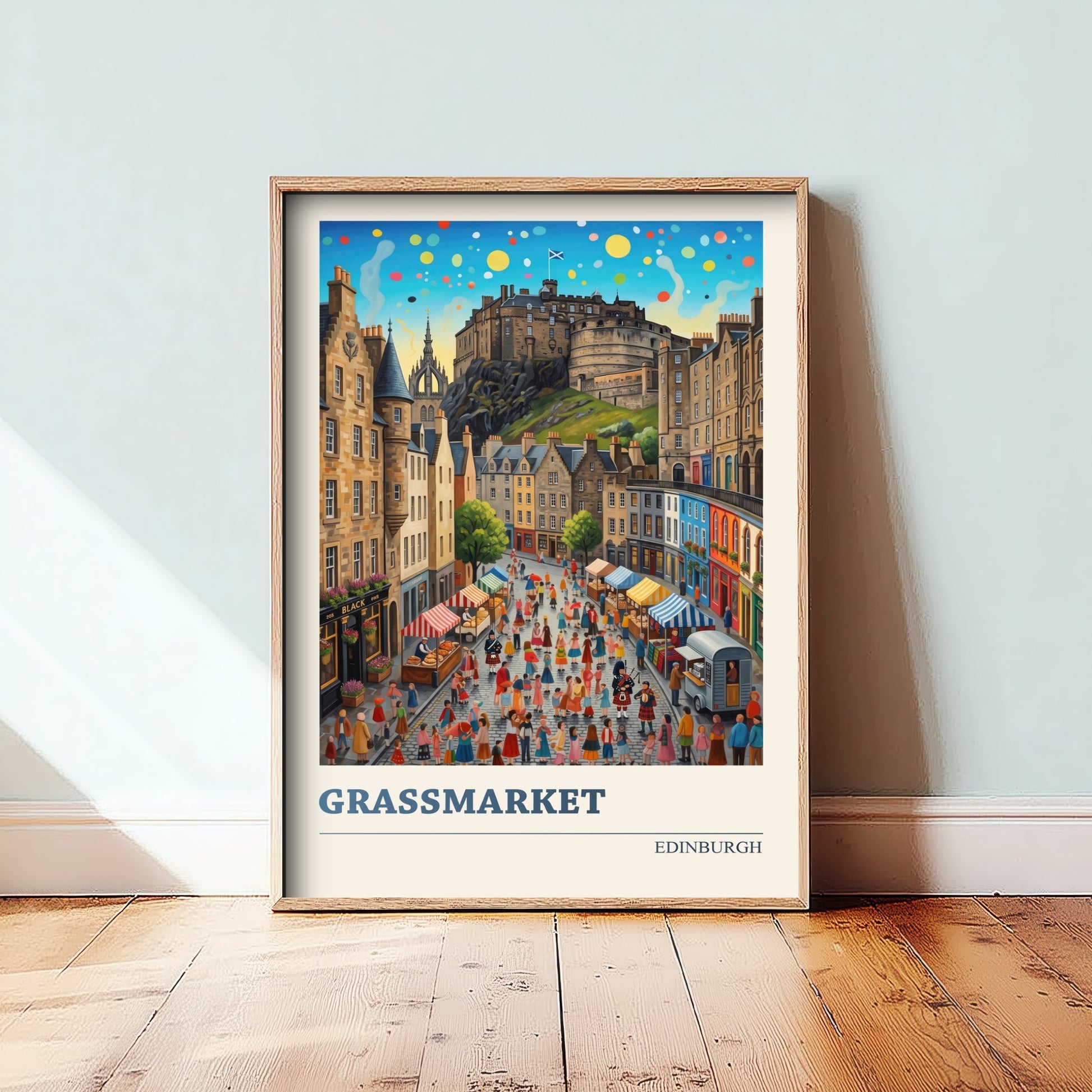 Grassmarket Edinburgh Art Print - Folk Art Illustration - Edinburgh Castle Market Scene - Scotland Travel Poster 1/3