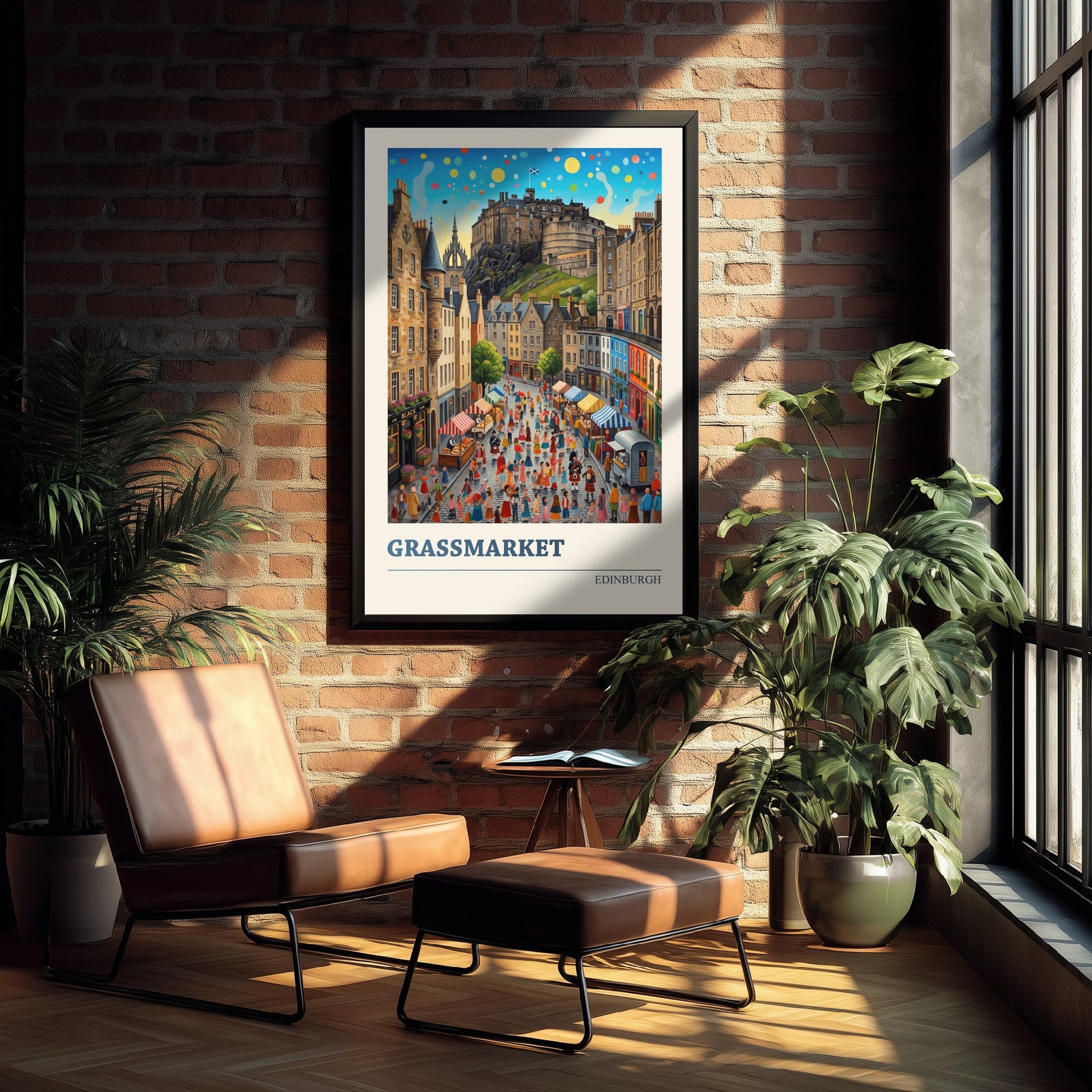 Grassmarket Edinburgh Art Print - Folk Art Illustration - Edinburgh Castle Market Scene - Scotland Travel Poster 1/3