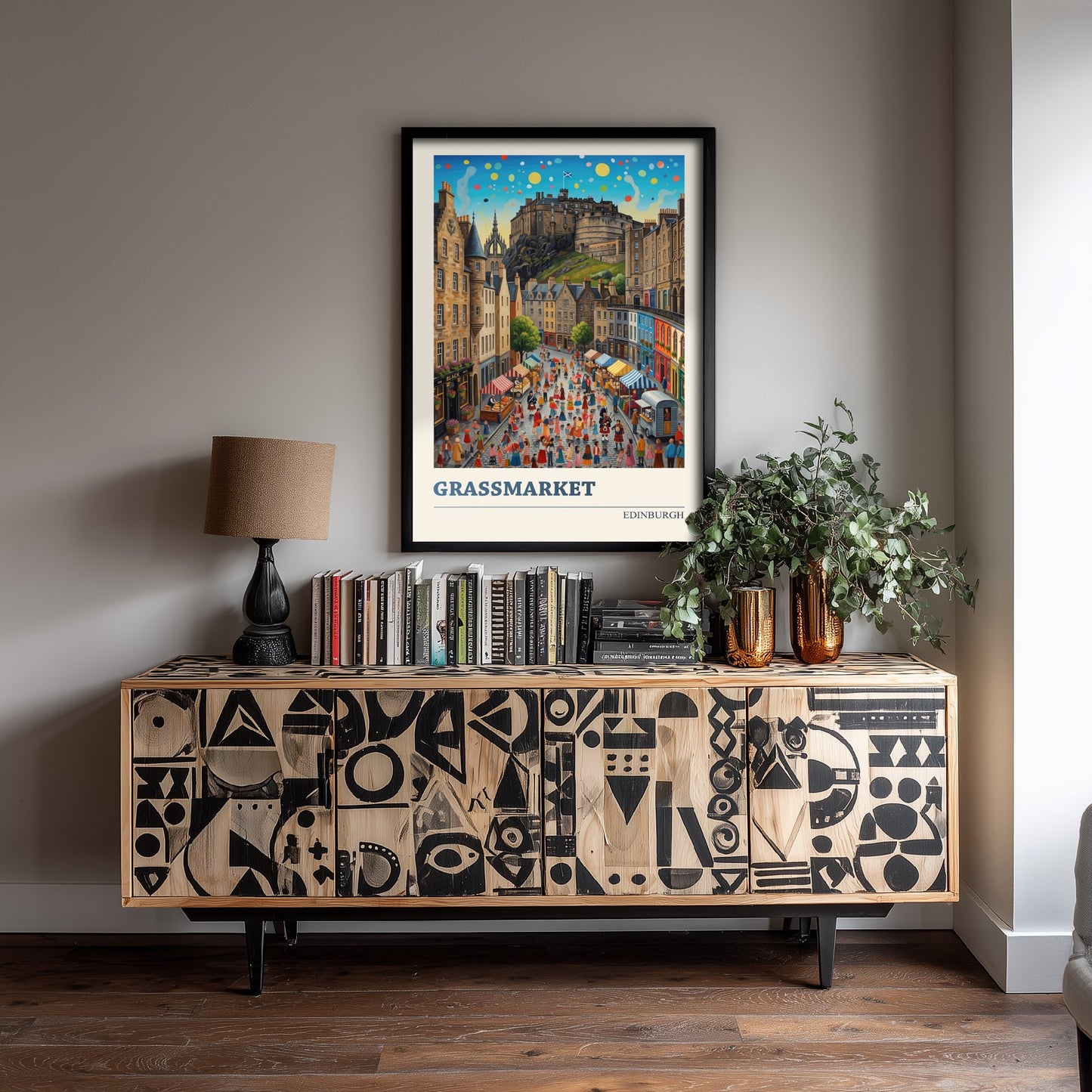 Grassmarket Edinburgh Art Print - Folk Art Illustration - Edinburgh Castle Market Scene - Scotland Travel Poster 1/3