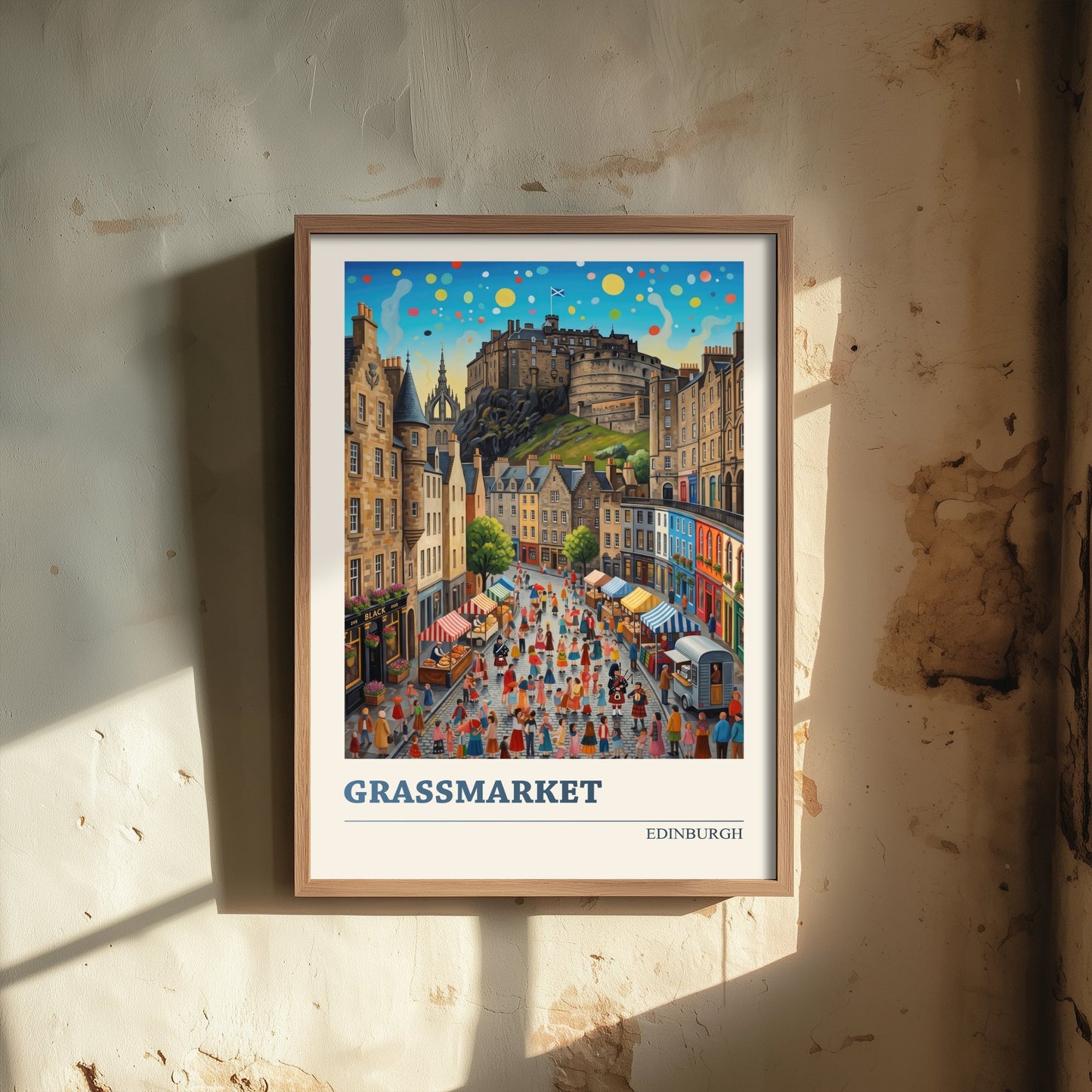 Grassmarket Edinburgh Art Print - Folk Art Illustration - Edinburgh Castle Market Scene - Scotland Travel Poster 1/3
