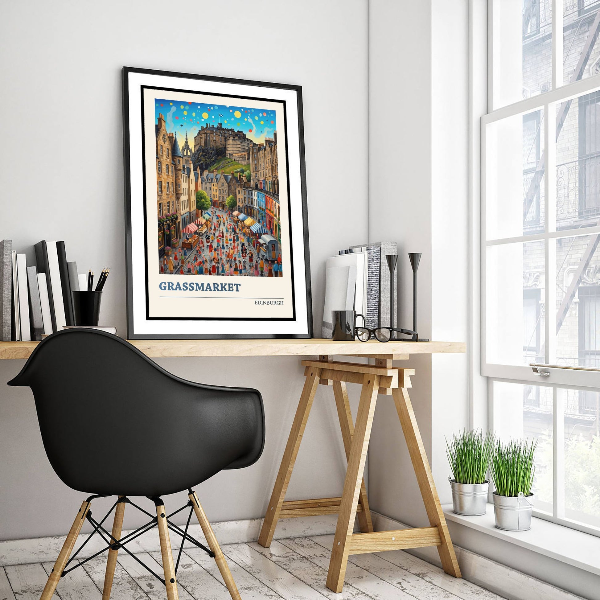 Grassmarket Edinburgh Art Print - Folk Art Illustration - Edinburgh Castle Market Scene - Scotland Travel Poster 1/3