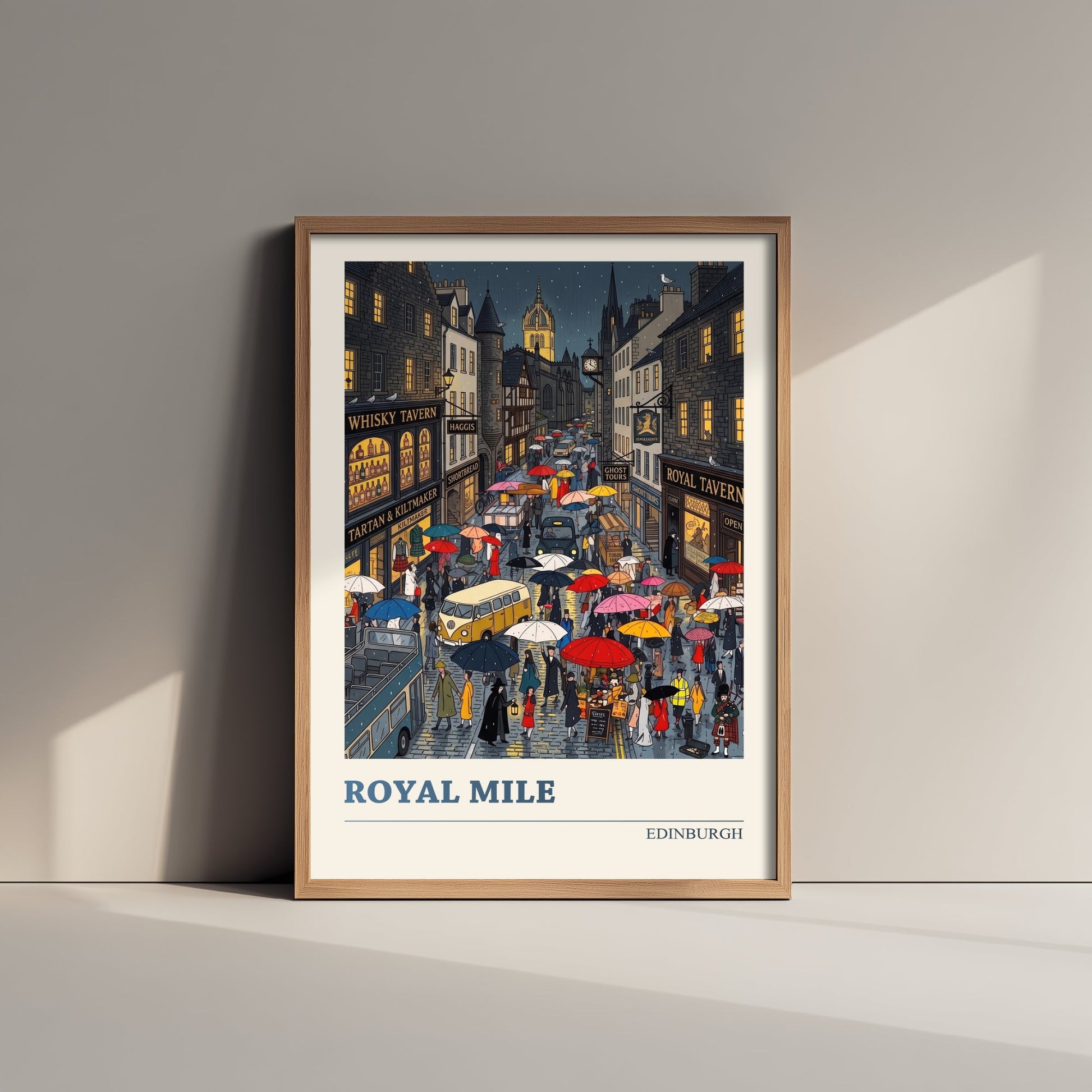 Royal Mile Edinburgh Art Print - Rainy Night Folk Art Illustration - Whisky Tavern and Umbrellas - Scotland Travel Poster 2/3