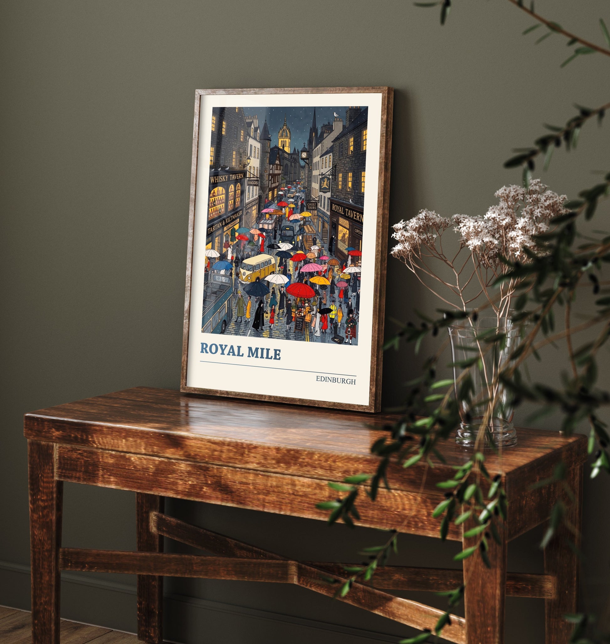 Royal Mile Edinburgh Art Print - Rainy Night Folk Art Illustration - Whisky Tavern and Umbrellas - Scotland Travel Poster 2/3
